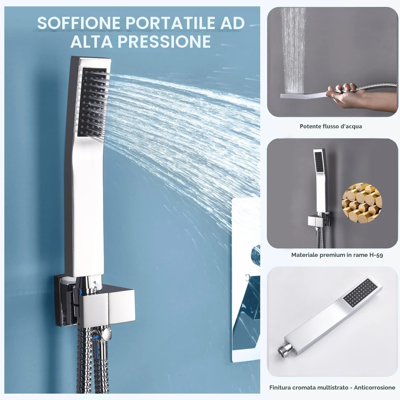 Soffione Doccia a Risparmio Idrico Alta Pressione Ottone Cromato Argento Anticalcare