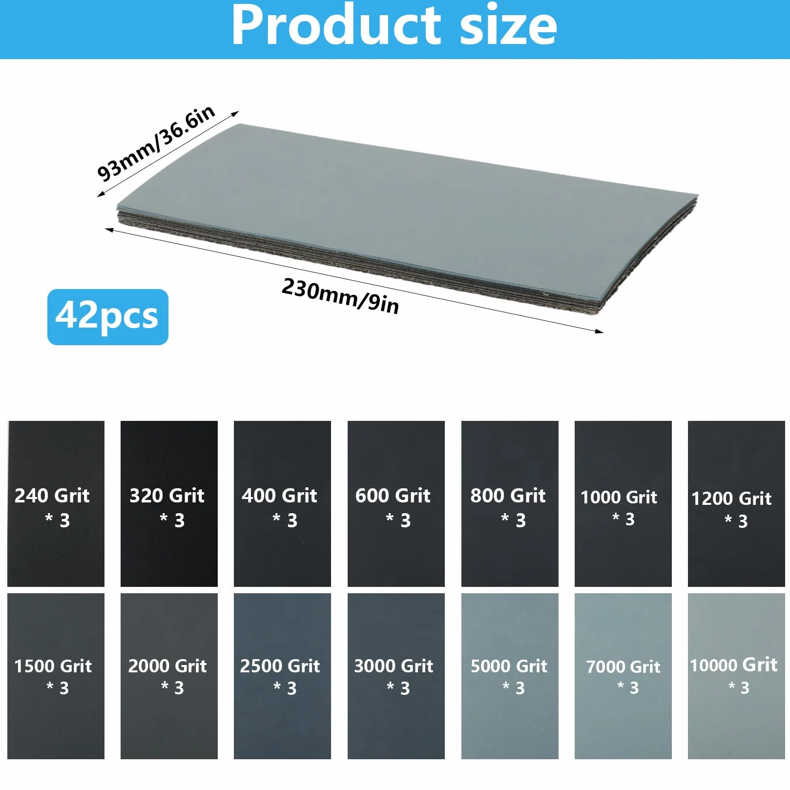 Set di 42 Fogli Carta Vetrata 240-10000 Grana, Carta Abrasiva per Legno Vetro Plastica (23x9,3 cm)
