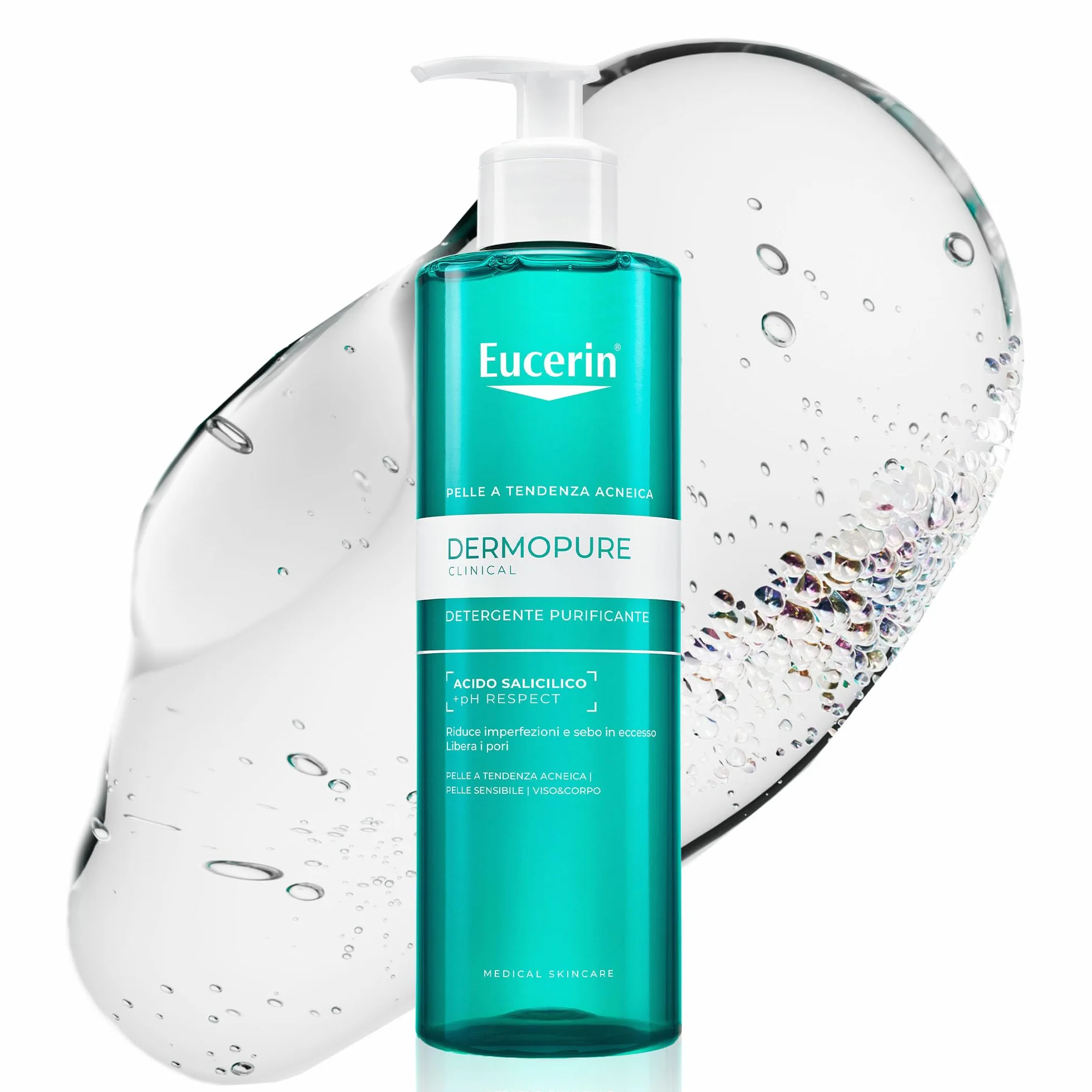 Eucerin DermoPure Clinical Gel Detergente Viso Purificante 400 ml, Detergente schiumogeno viso e corpo senza sapone efficace come struccante, Formula con Acido Salicilico per pelle grassa e acneica