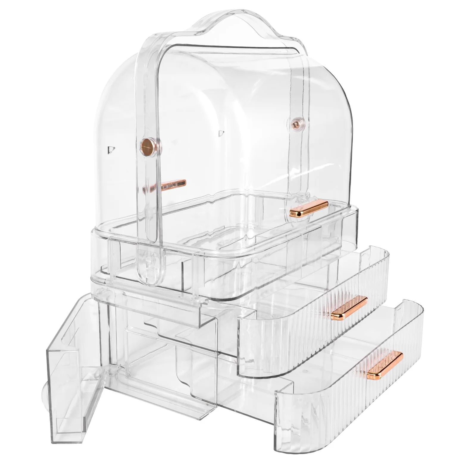 Organizer trasparente per trucchi con cassetti, contenitore antipolvere per cosmetici per la cura della pelle e rossetti, organizer in acrilico per piano di lavoro del bagno