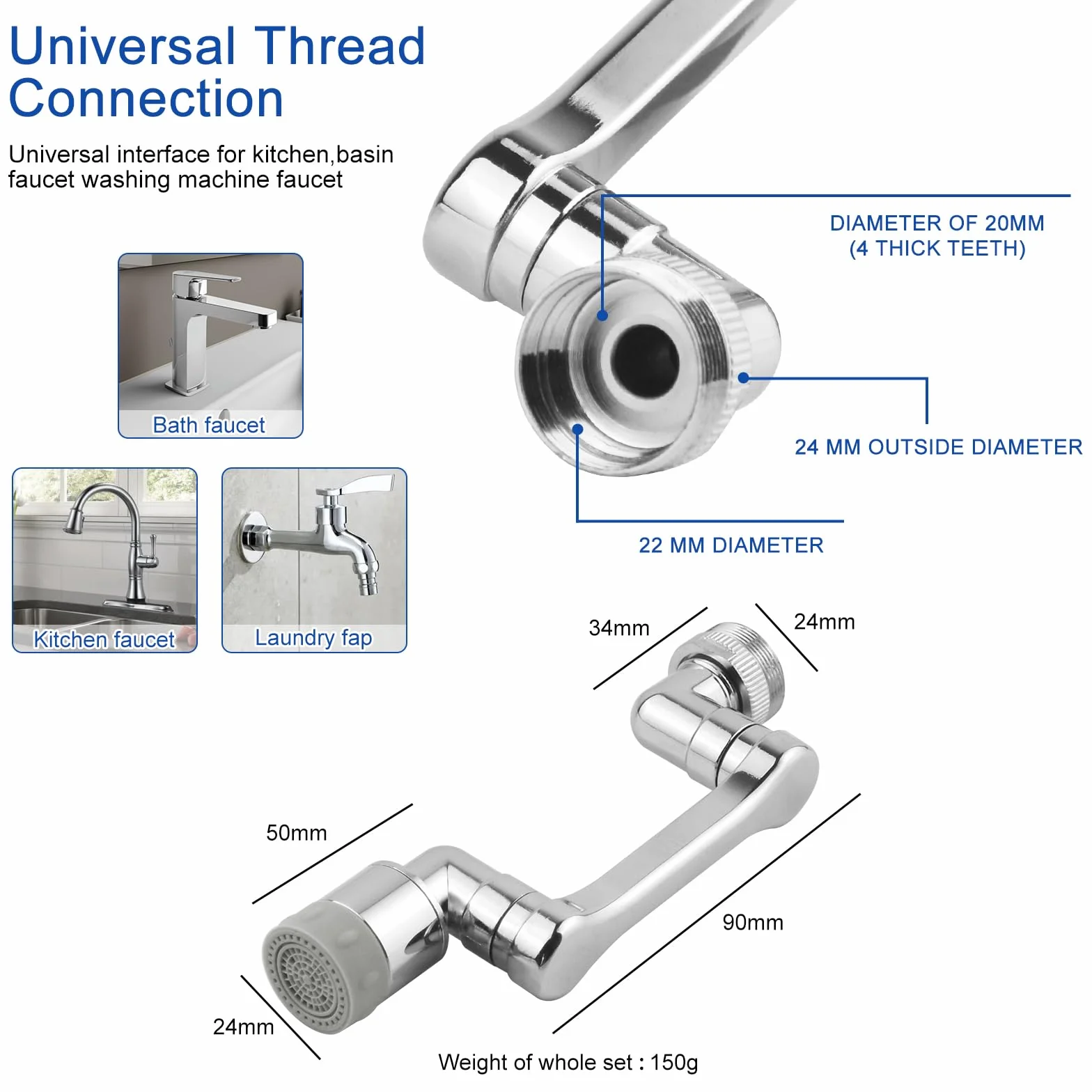 Duotap Rubinetto Allungabile con Rotazione 360° Prolunga Bagno Cucina Girevole 1080 Snodo per Lavandino Adattatore Universale 2 Pezzi