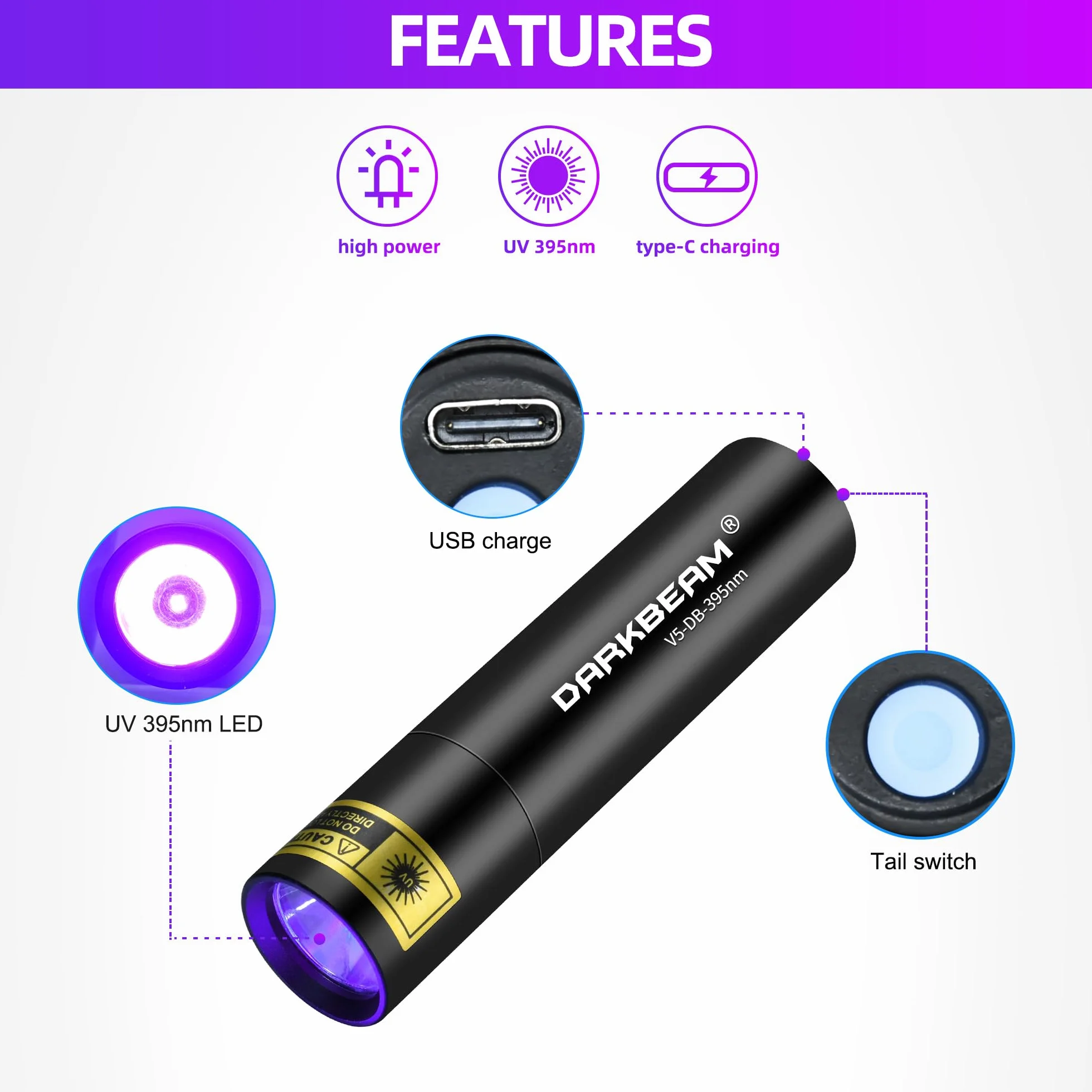 DARKBEAM Torcia UV Ricaricabile 395nm, Lampada di Wood LED Mini Portatile USB per resina epossidica