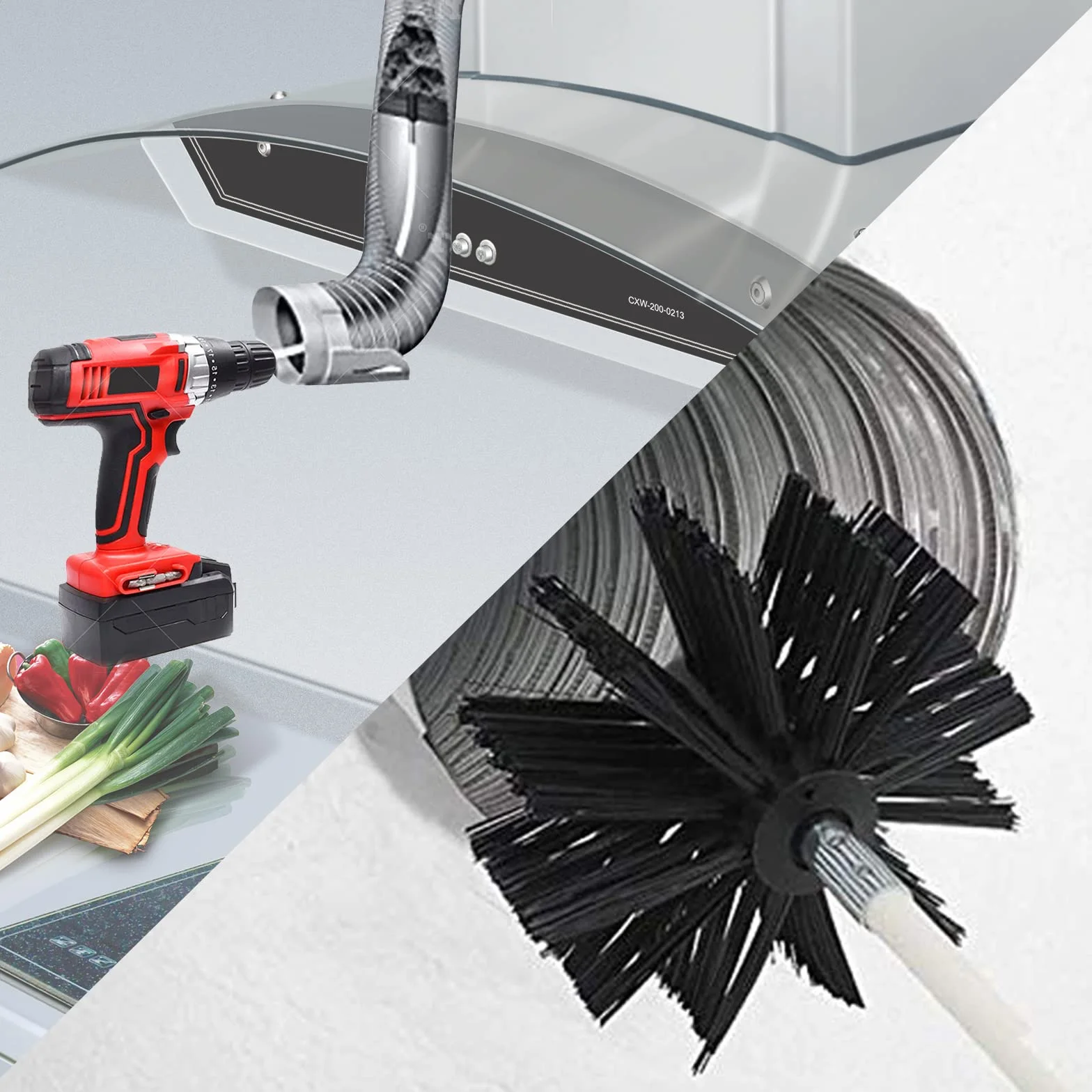 Spazzola Pulizia Camino 150mm con 12 Aste Flessibili 410mm e 2 Testine Kit per Canna Fumaria