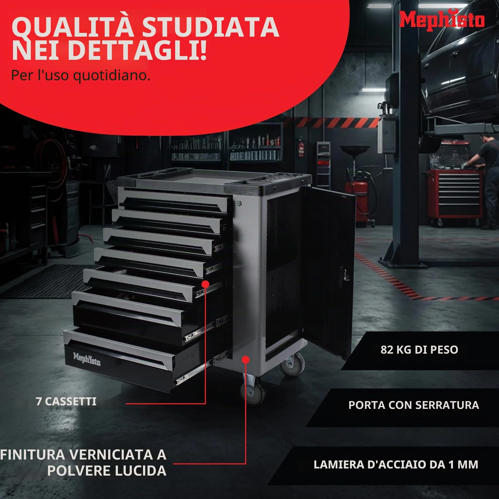 Mephisto XXL Carrello degli attrezzi 7 cassetti inserti morbidi carbonio set chiavi a brugola