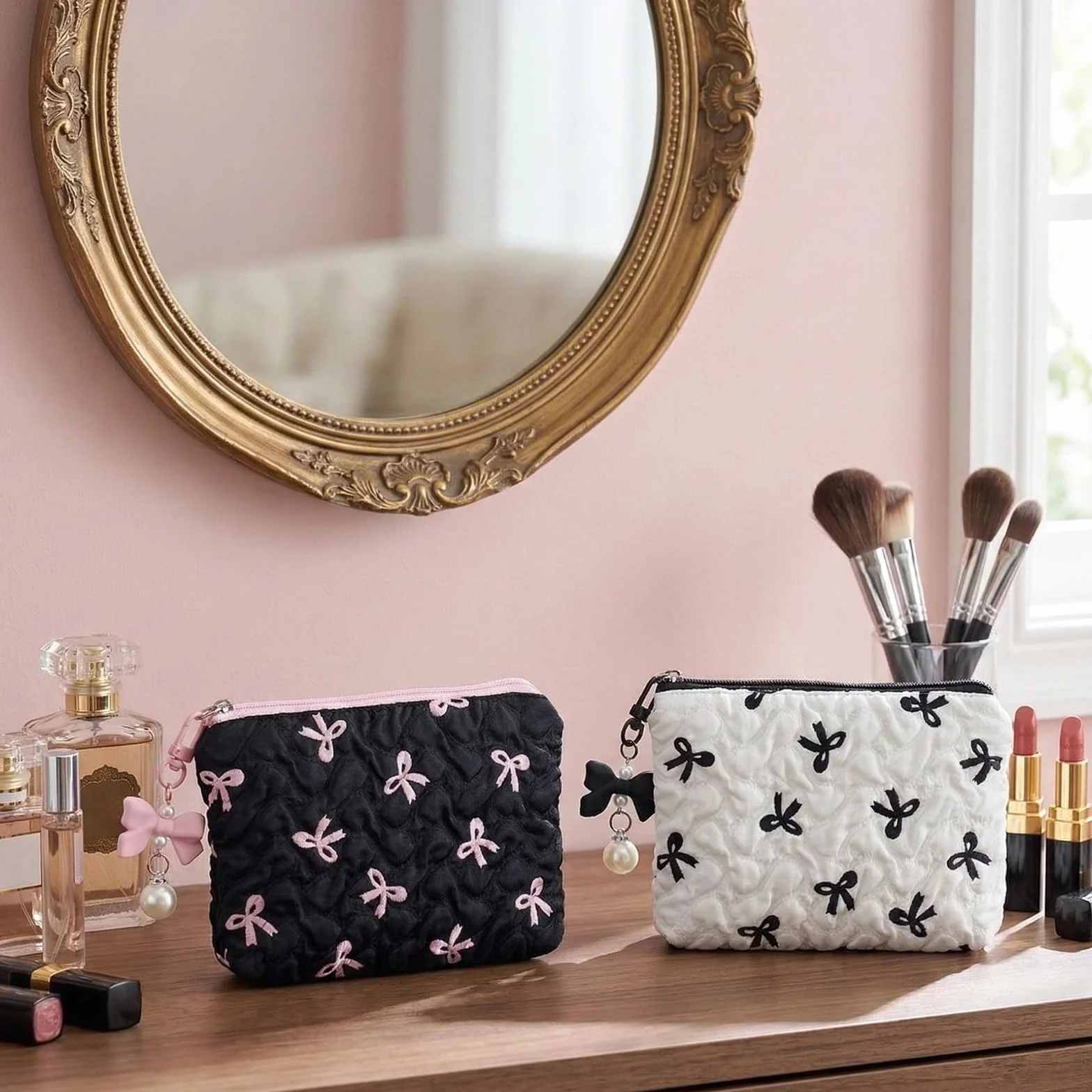 Set di 2 trousse per trucchi piccoli, con eleganti fiocchi, mini borsa per trucco, borsa per trucco, borsa per trucco, borsa per cosmetici, borsa da toilette da donna, 14 x 10 cm