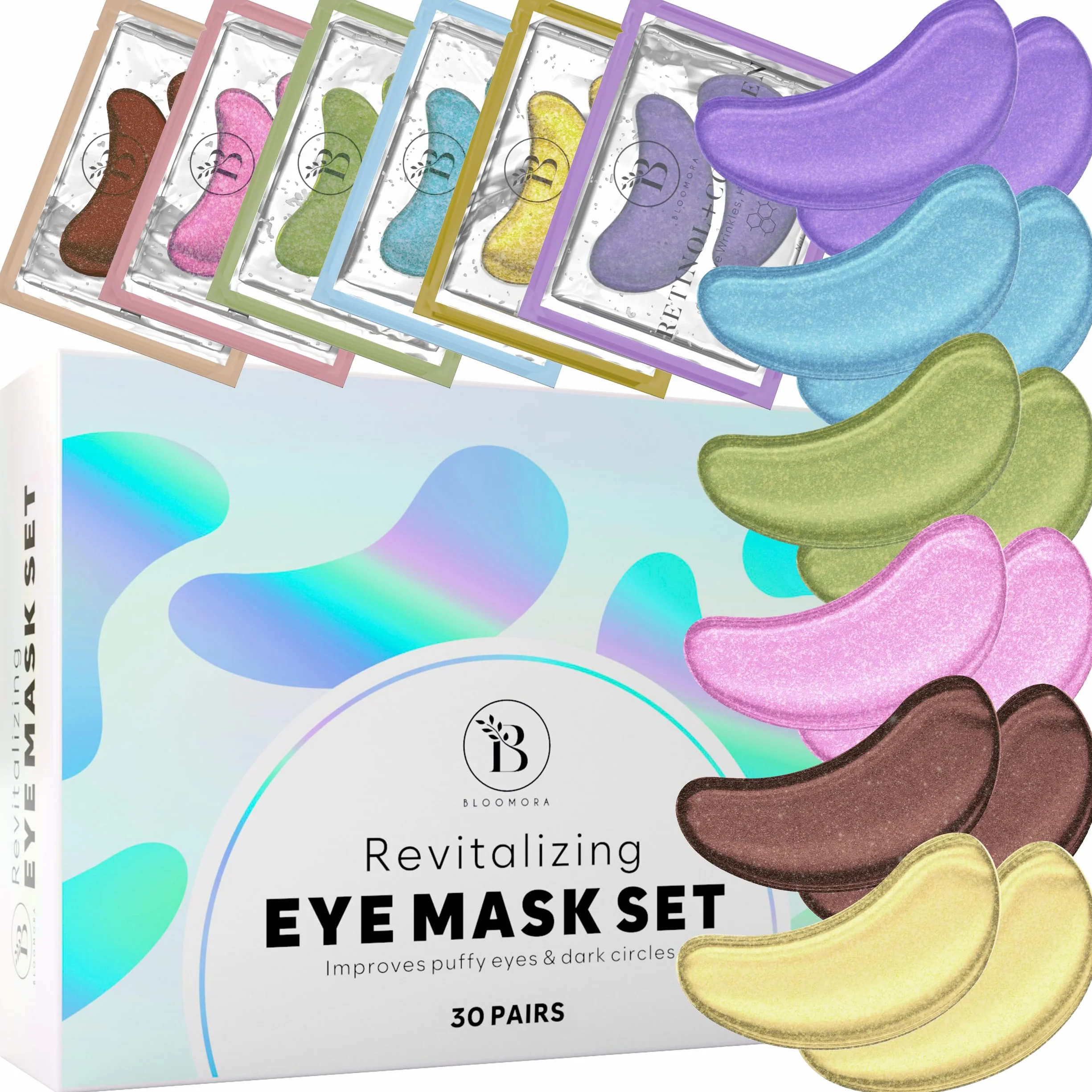 BLOOMORA Patch Occhi (30 paia, mix varietà) - Maschera Occhi con Niacinamide e Acido ialuronico - Eye Patch - Maschera Occhiaie - Patch Occhiaie e Borse - Maschera Contorno Occhi
