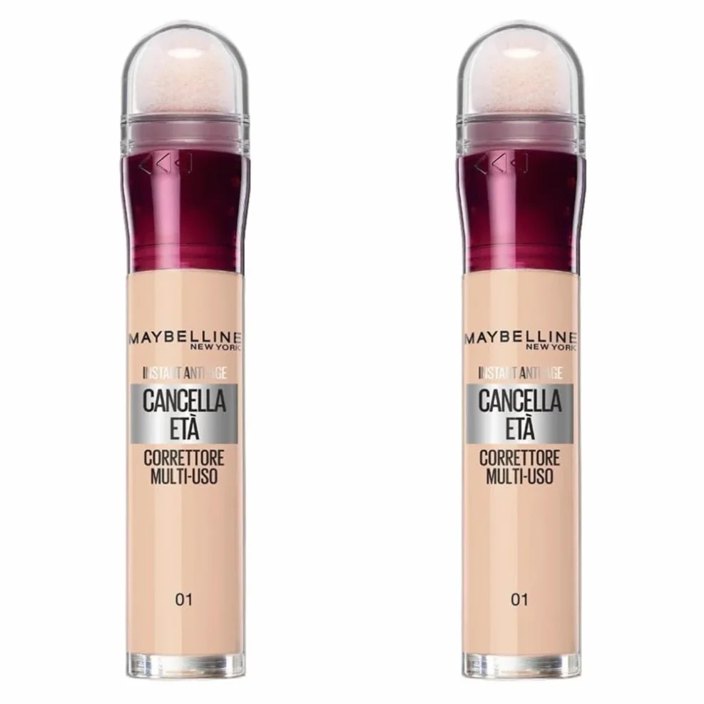 Maybelline New York Correttore Multi-Uso, Idratante e con Coprenza Modulabile, Imperfezioni della pelle e Occhiaie Coperte, Con Bacche di Goji e Haloxyl, Cancella Età, Tonalità: 01 Light, Bipacco