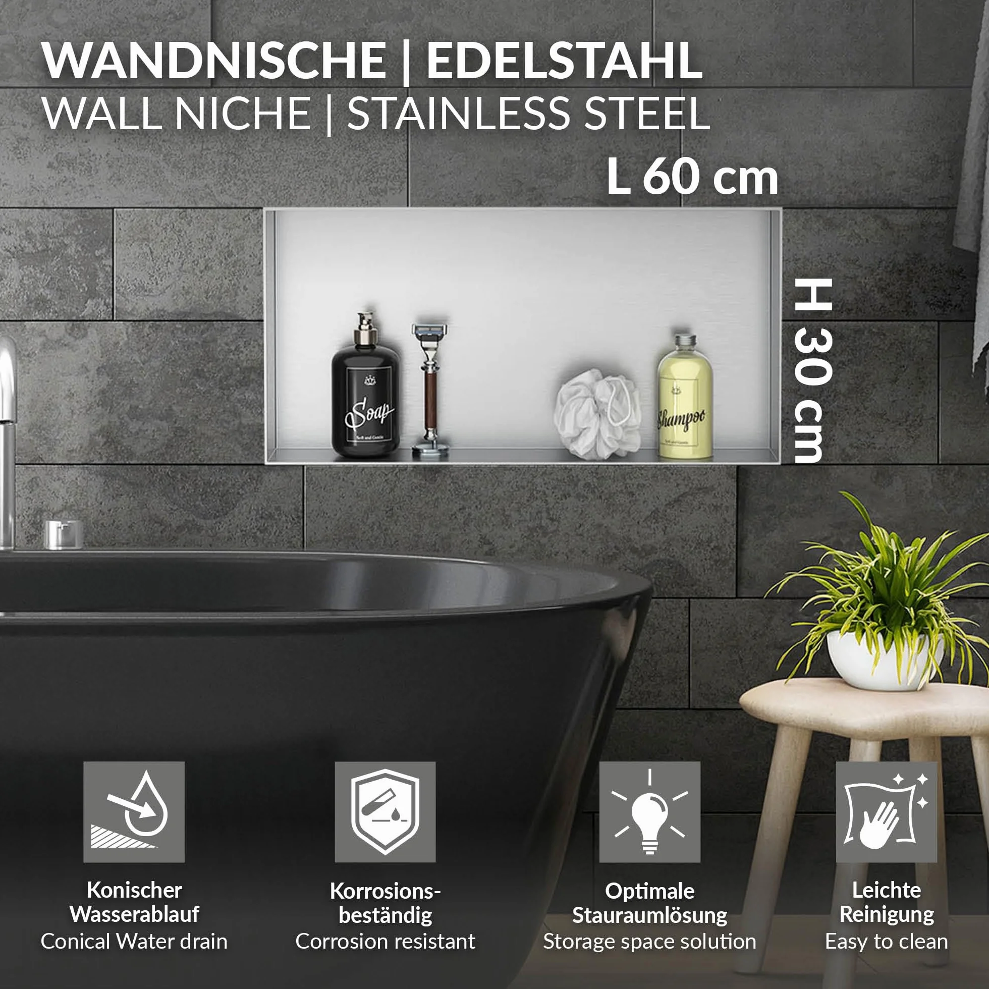 LuxeBath Nicchia a Parete senza Cornice in Acciaio Inossidabile 60x30x10 cm Argento per Bagno