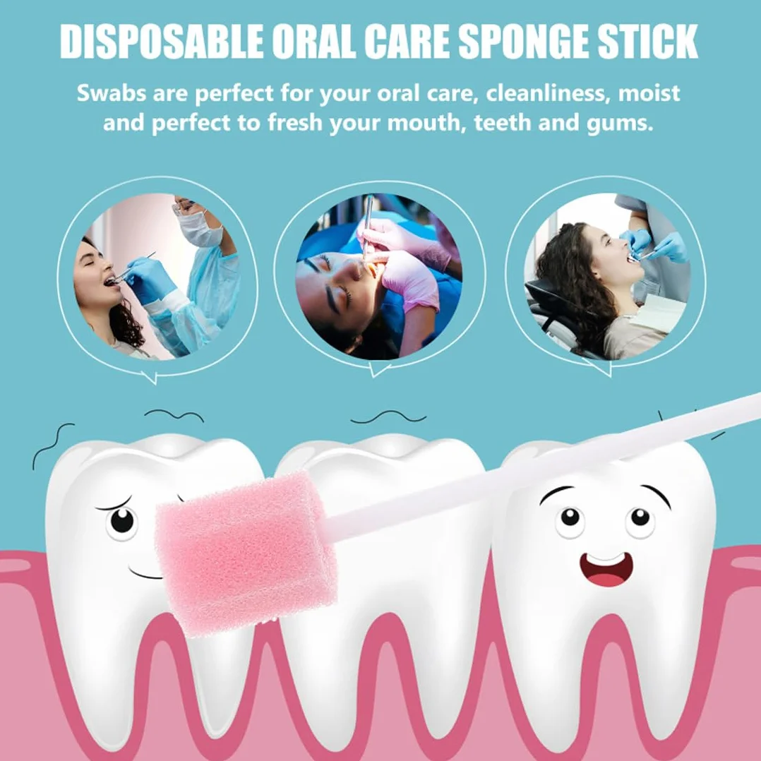 100 tamponi in spugna per l'igiene orale, usa e getta, con bastone, rosa, comodi tamponi dentali per la pulizia dei denti