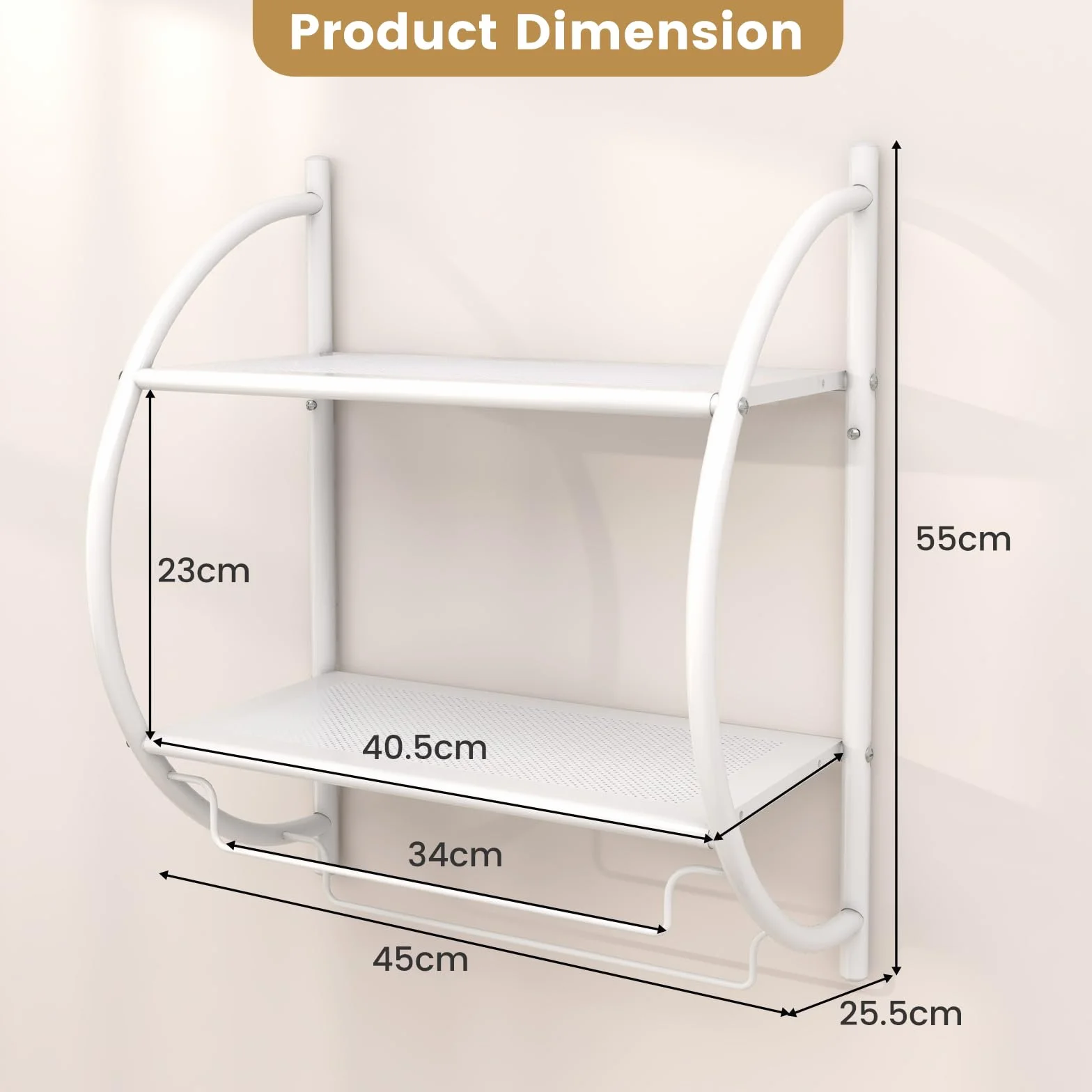 GIANTEX Porta Asciugamani Bagno da Parete, Mensola Doccia con 2 Ripiani e 2 Portasciugamani, Antiruggine, 45x25,5x55 cm Bianco
