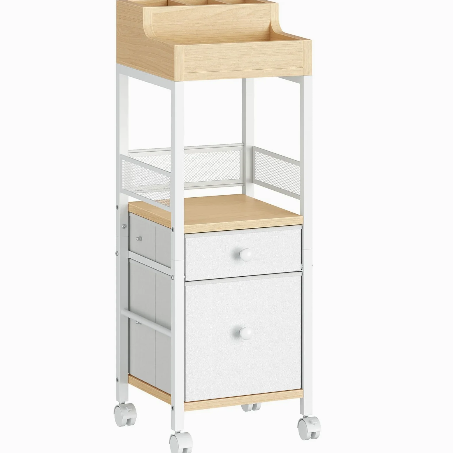 HOOBRO Carrello Portaoggetti per Trucchi con 2 Cassetti in Tessuto, Carrello Porta Trucchi da Bagno con Ruote, Carrellino per Cosmetici e Skincare, Espositore Trucco Bianco e Legno Naturale EWN19TC04