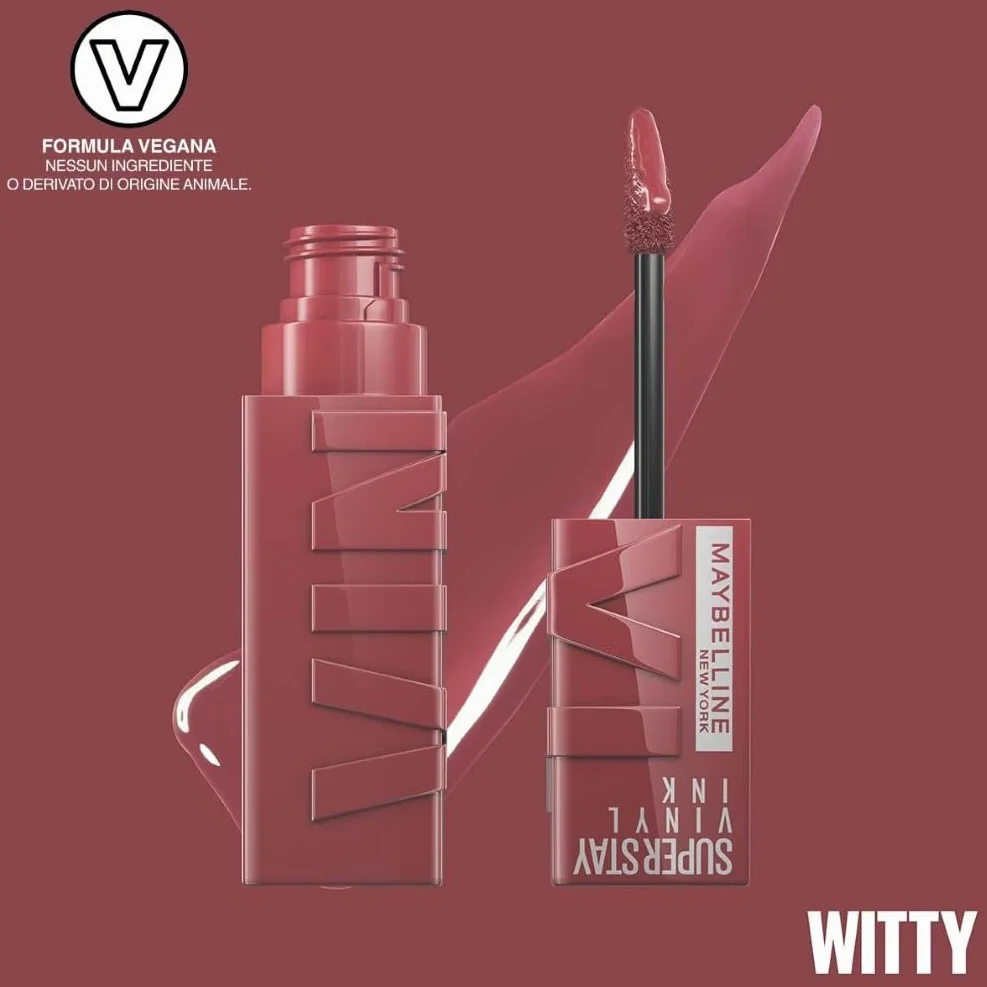 Maybelline New York Tinta Labbra a Lunga Tenuta Superstay Vinyl Ink, Per un Effetto Vinilico fino a 16H, Finish Luminoso e Senza Sbavature, Formula Vegana, Tonalità: 40 WITTY