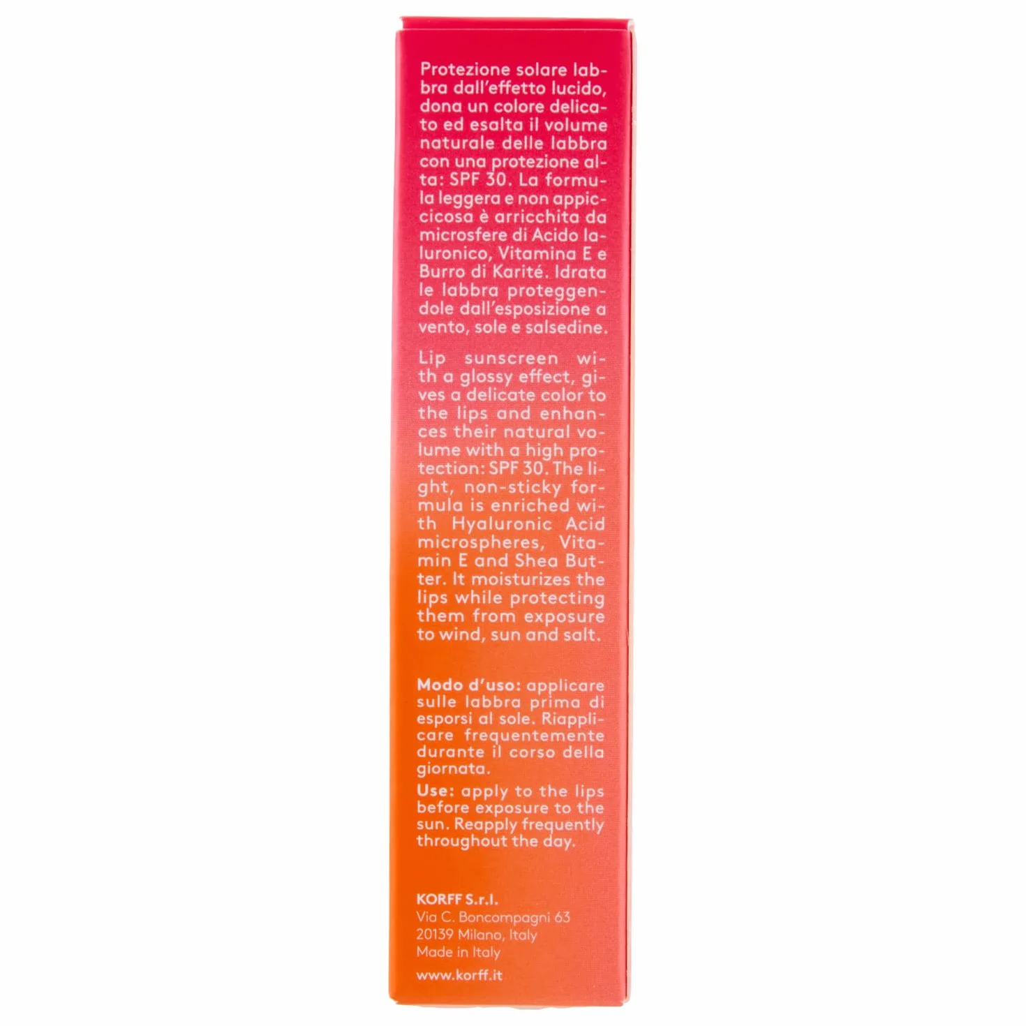 Korff Sun Secret Smile Lip Color SPF30, Stick Labbra Volumizzante e Idratante con Acido Ialuronico, Vitamina E e Burro di Karitè, Protezione Alta. Tonalità 02 Raspberry Pink, 15 ml
