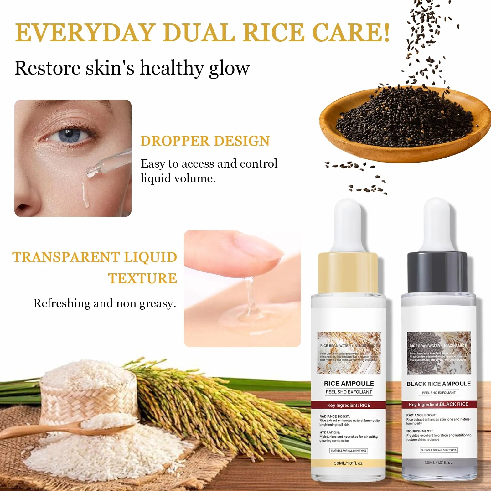 Peel Shot Glow Rice Ampoule Duo, 2PCS Siero Coreano Esfoliante al Riso Bianco & Nero, Delicato Viso Peeling, Rimuove Cellule Morte, Elimina Punti Neri, Pulisce Pori, Idrata Profondo
