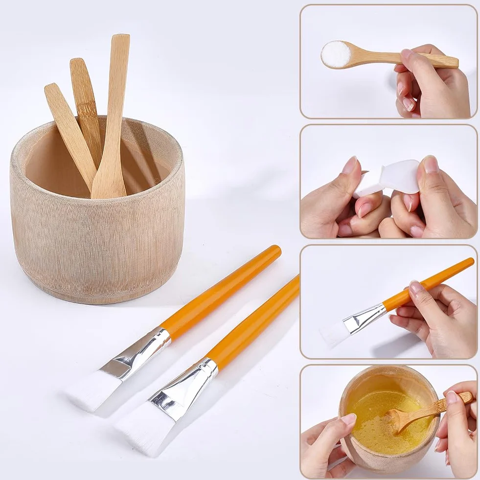 WEBEEDY 15 pezzi in bambù per estetista comprendente ciotole per maschere, spazzole a ventaglio, spazzole piatte per viso, spatole per maschere, spugne per viso e cucchiai, set di ciotole maschere