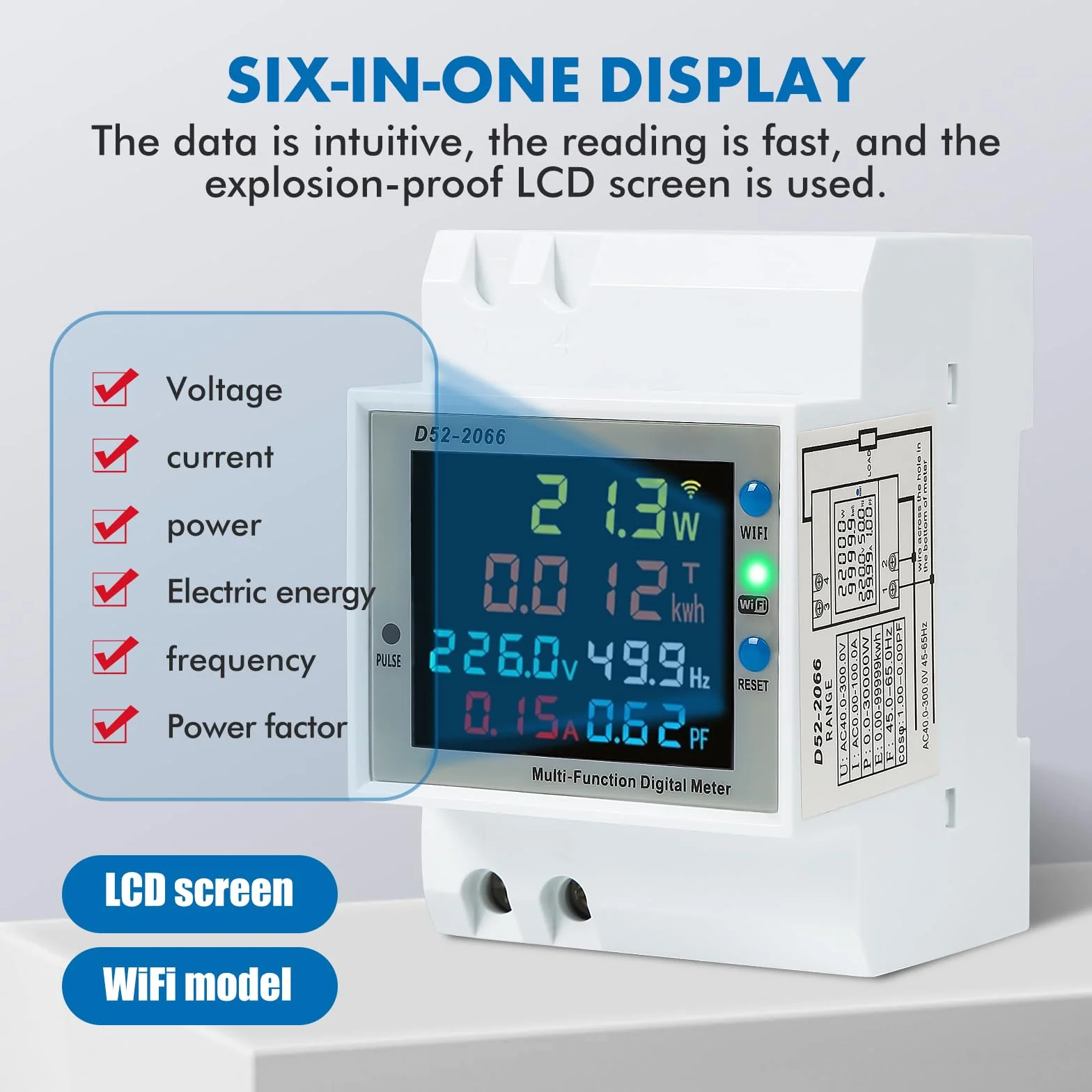 Contatore di Energia guida DIN 6 in 1 Digitale 1 Fase 2 Fili LCD Voltmetro Amperometro Multifunzione AC40-300V 100A