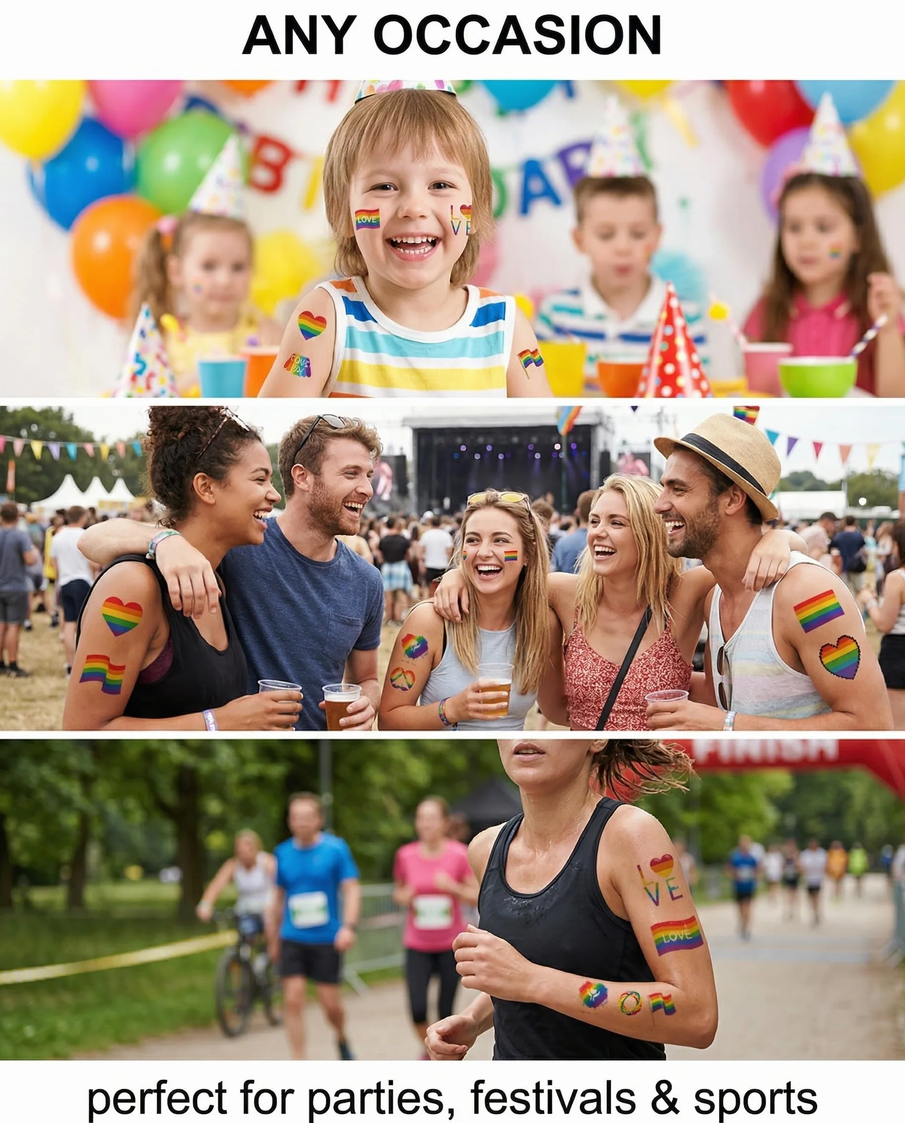 Tatuaggi Temporanei Arcobaleno 10 Fogli | Pride Impermeabili Lunga Durata per Parate, Festival, Feste LGBT | Viso, Corpo, Uomini, Donne, Bambini