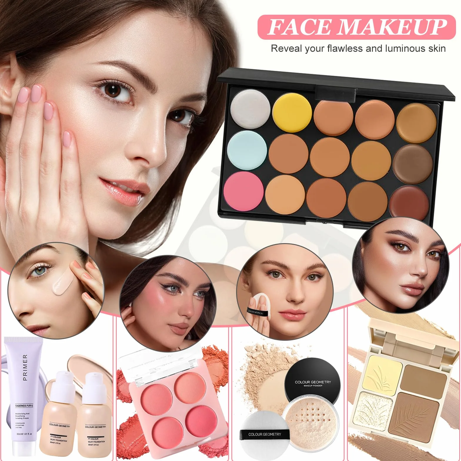 Set Trucchi Donna, Kit Make Up Completo, Tutto in Uno Trousse Trucchi con Palette Ombretto Paletta Correttivi Contouring Fondotinta Mascara Gloss Labbra Liner Occhi Matite Ssopracciglia Borsa Trucco