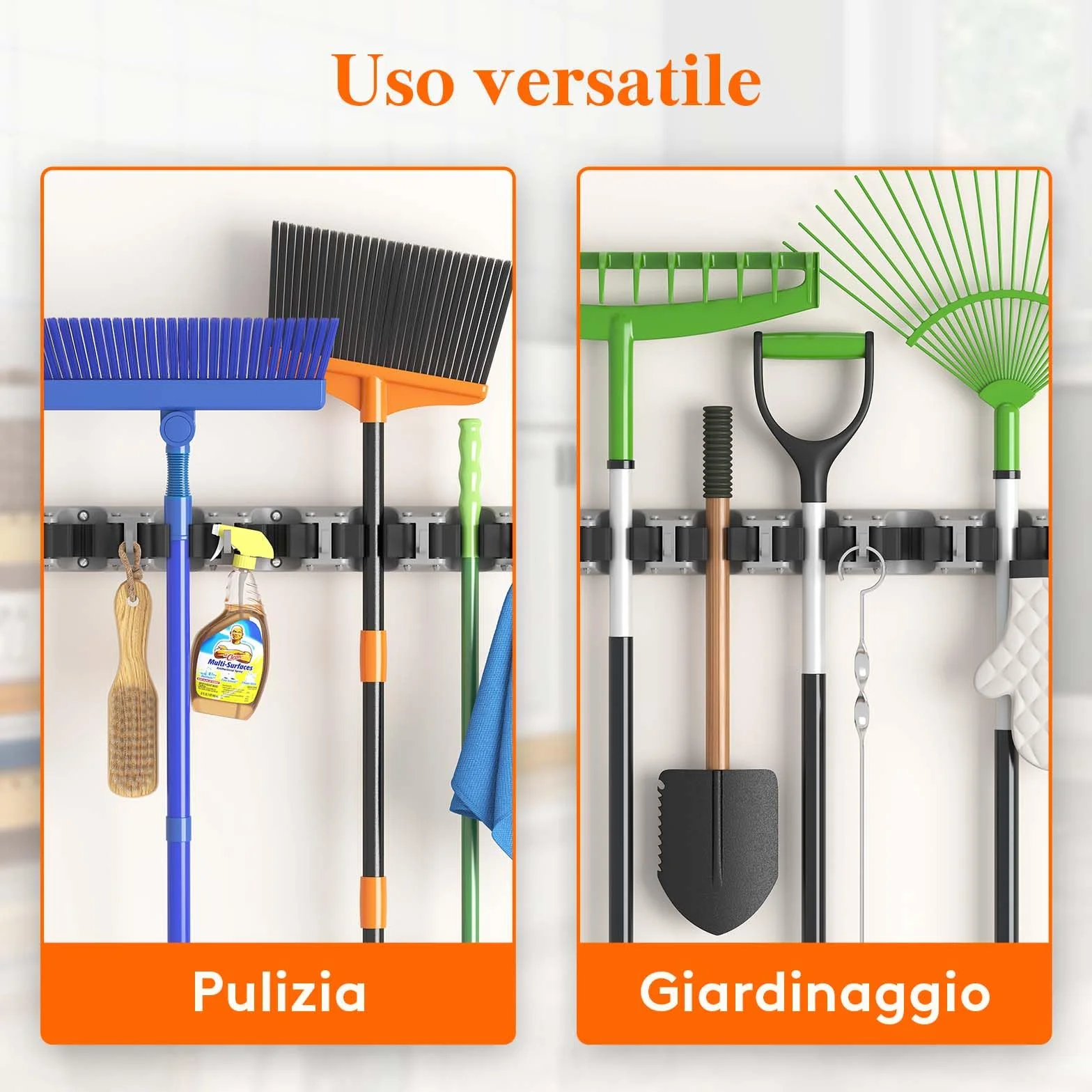 Lifewit Portascope da Muro Appendibile, Supporto Parete per Scopa e Materiali per la Pulizia, 5 slot 6 Ganci, Nero