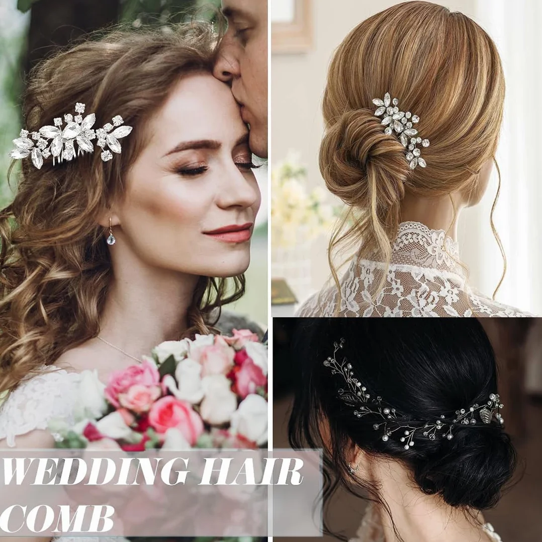 Pettine Sposa per Capelli con Fiori di Perle Cristallo Accessori Capelli Sposa Pettine per Decorazione Acconciatura Capelli per Sposa Matrimonio Nozze Argento