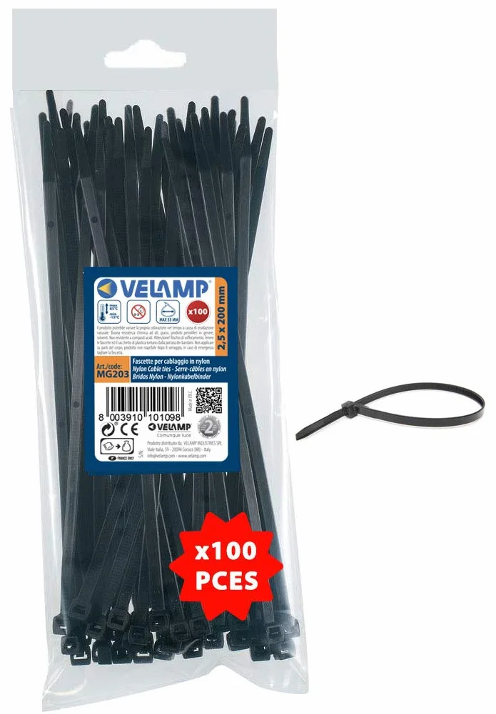 Fascette Stringicavo Nere 2,5x200mm 100 Pz Diametro Legatura Max 53mm