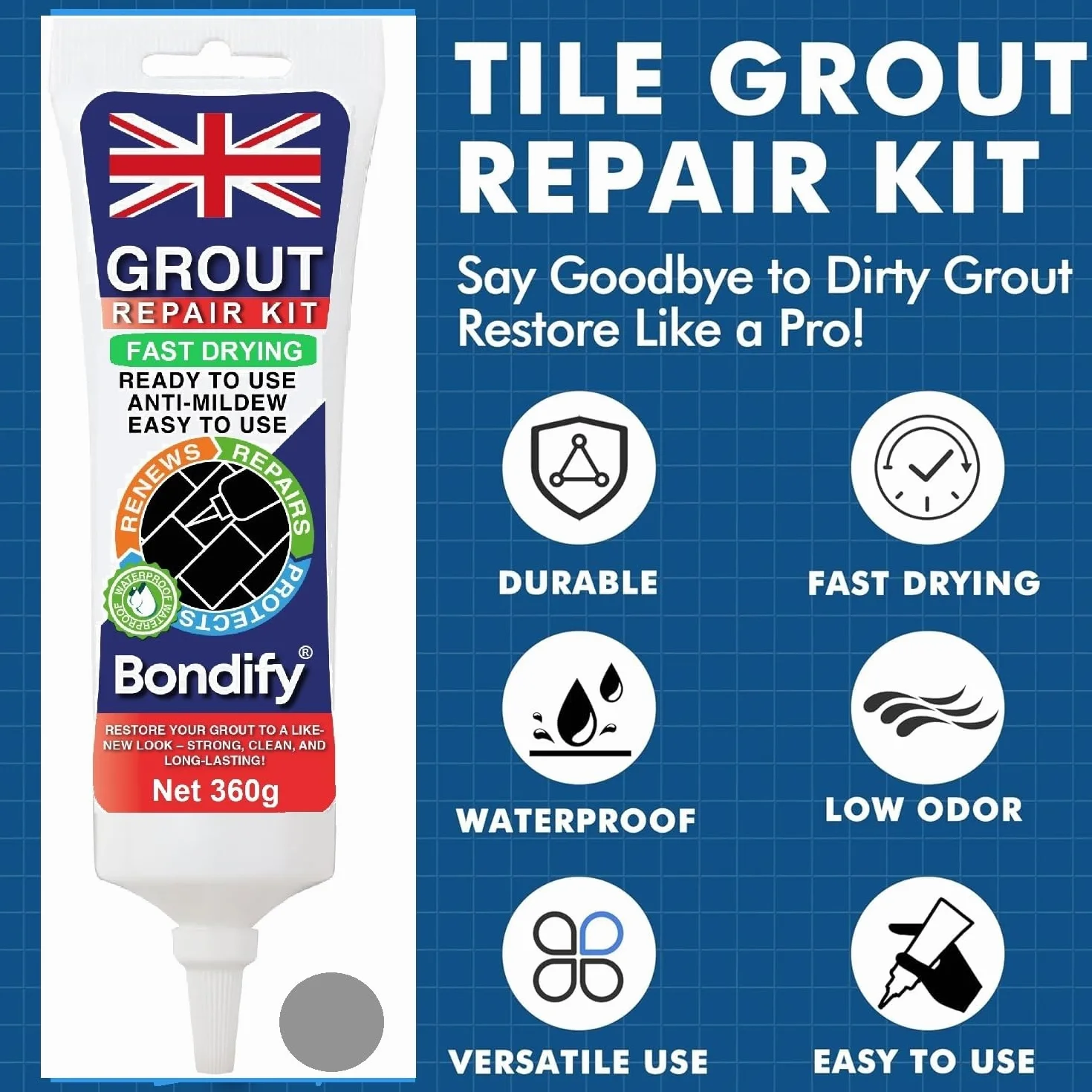 Kit Riparazione Fughe Piastrelle Grigio, Asciugatura Rapida 360g x 2 ANTI-MUFFA, Stucco per Piastrelle Bagno & Doccia