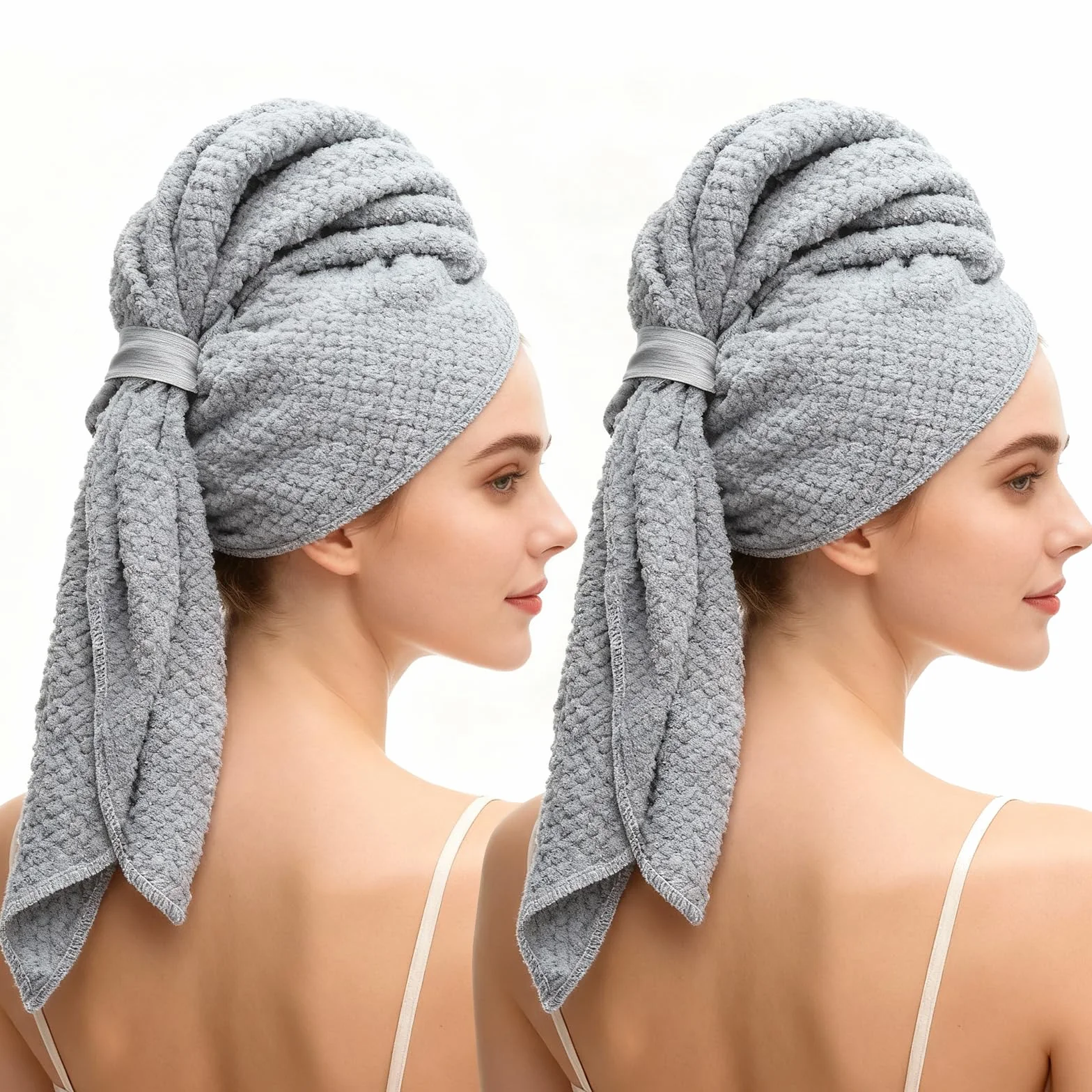 2 asciugamano microfibra capelli, turbante asciugacapelli grigi con elastico, rapida e super assorbenti per capelli lunghi (100 x 60 cm)