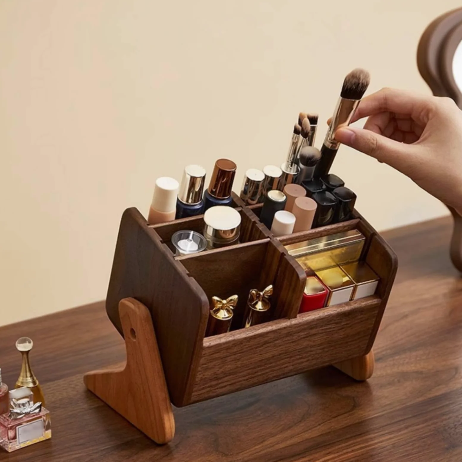 Scatola Porta Trucchi in Legno Salvaspazio Organizzatore da Scrivania Multiuso Portaoggetti per Toeletta, Bagno