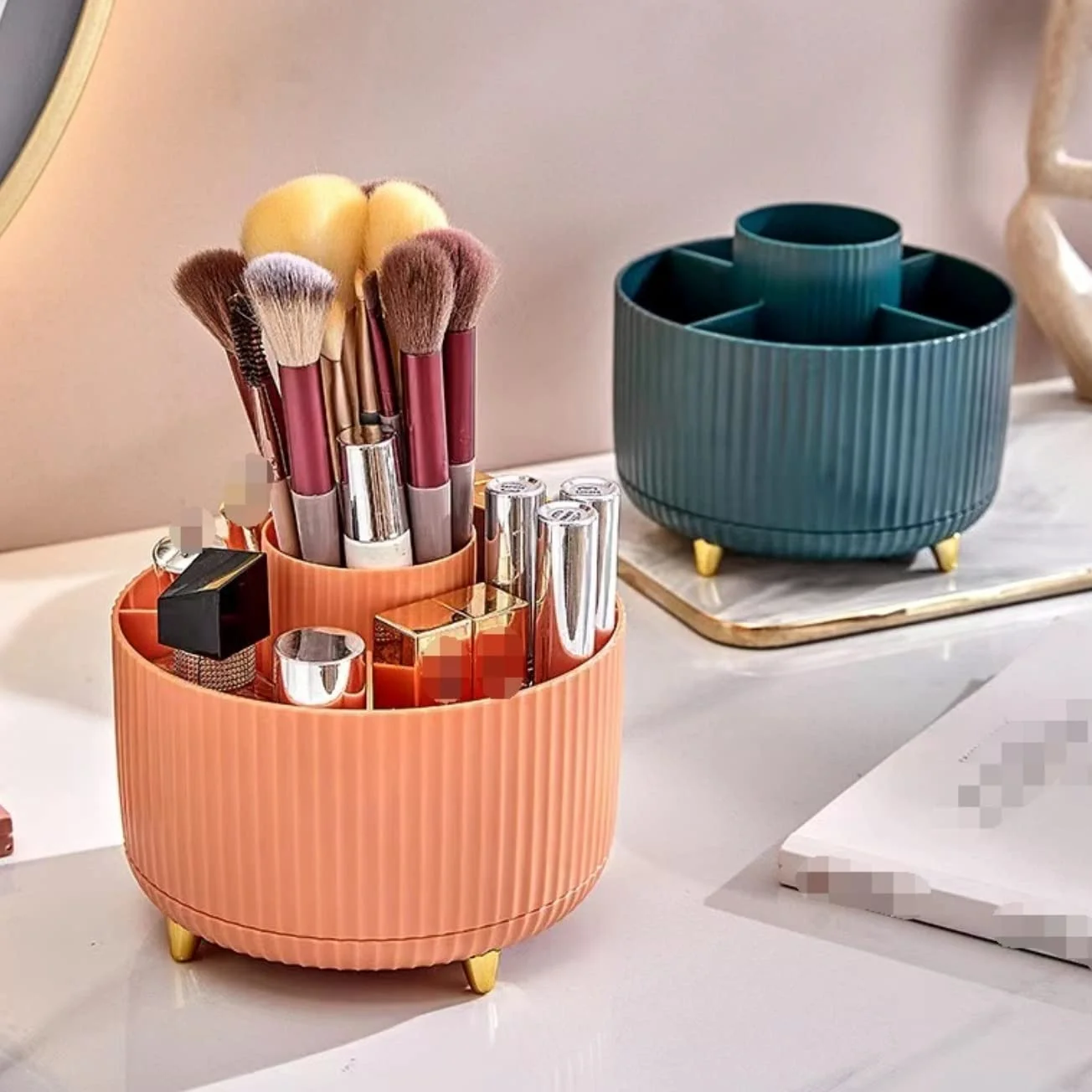 Porta Trucchi,Toeletta La Scatola di Immagazzinaggio per Cosmetici da Tavolo Ruota Il Cestino Articoli Vari Organizer per Trucco Multifunzione(Oranje)