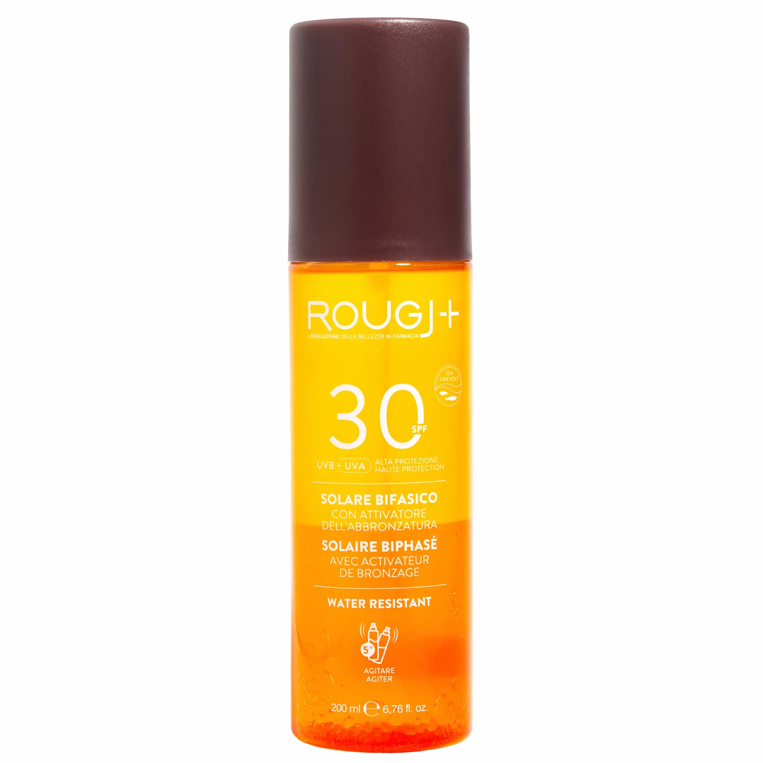 Rougj Spray Solare Bifasico 30 con Attivatore di Melanina - Protezione Solare 30 Spray Corpo con Arginina, Fico d’India e Thermus Ferment - SPF 30 Water Resistant 200ml - Made in Italy