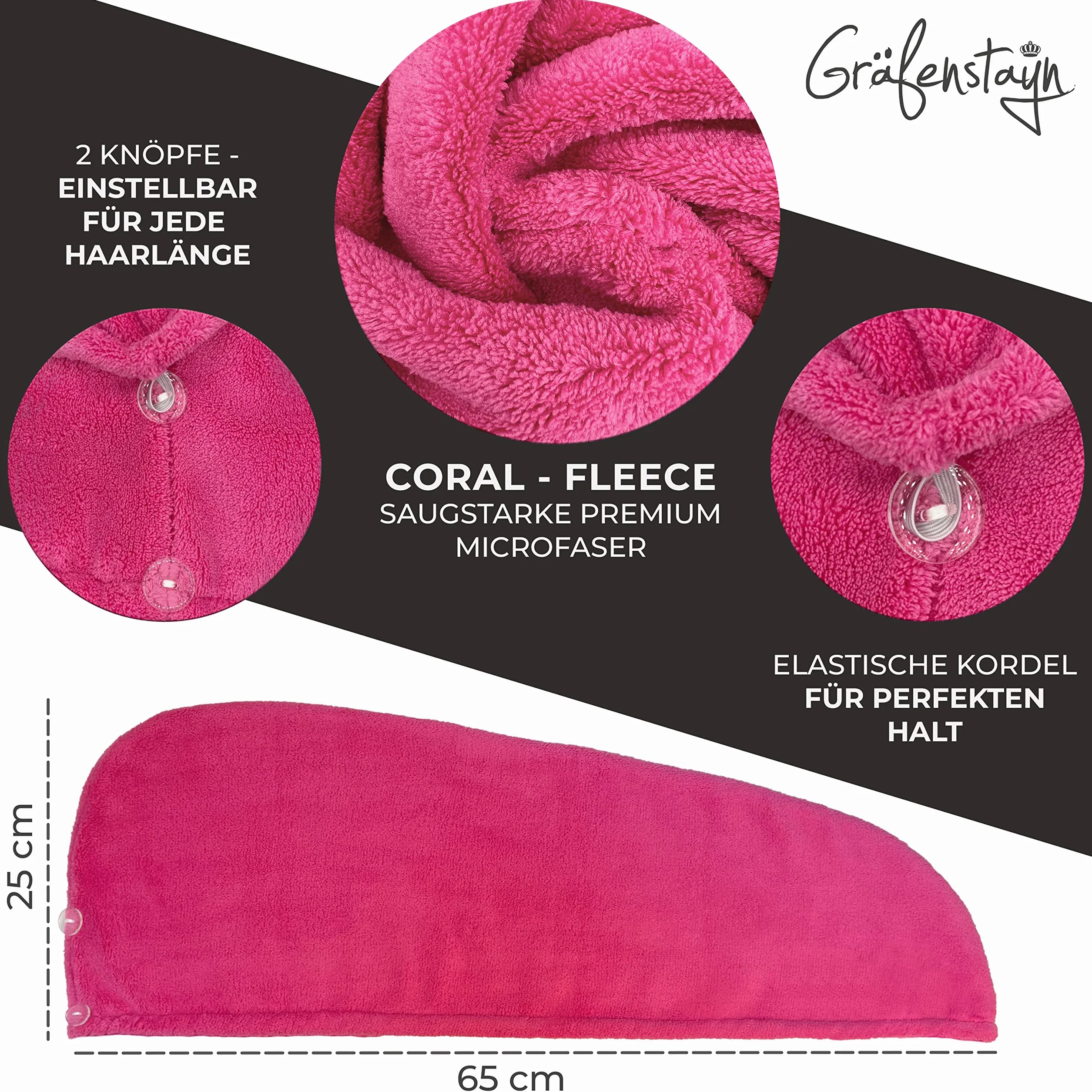 Gräfenstayn Set di 3 Asciugamani per Capelli in Microfibra con 2 bottoni - Asciugamano a turbante ad asciugatura rapida e assorbente - per capelli corti e lunghi (Fucsia)