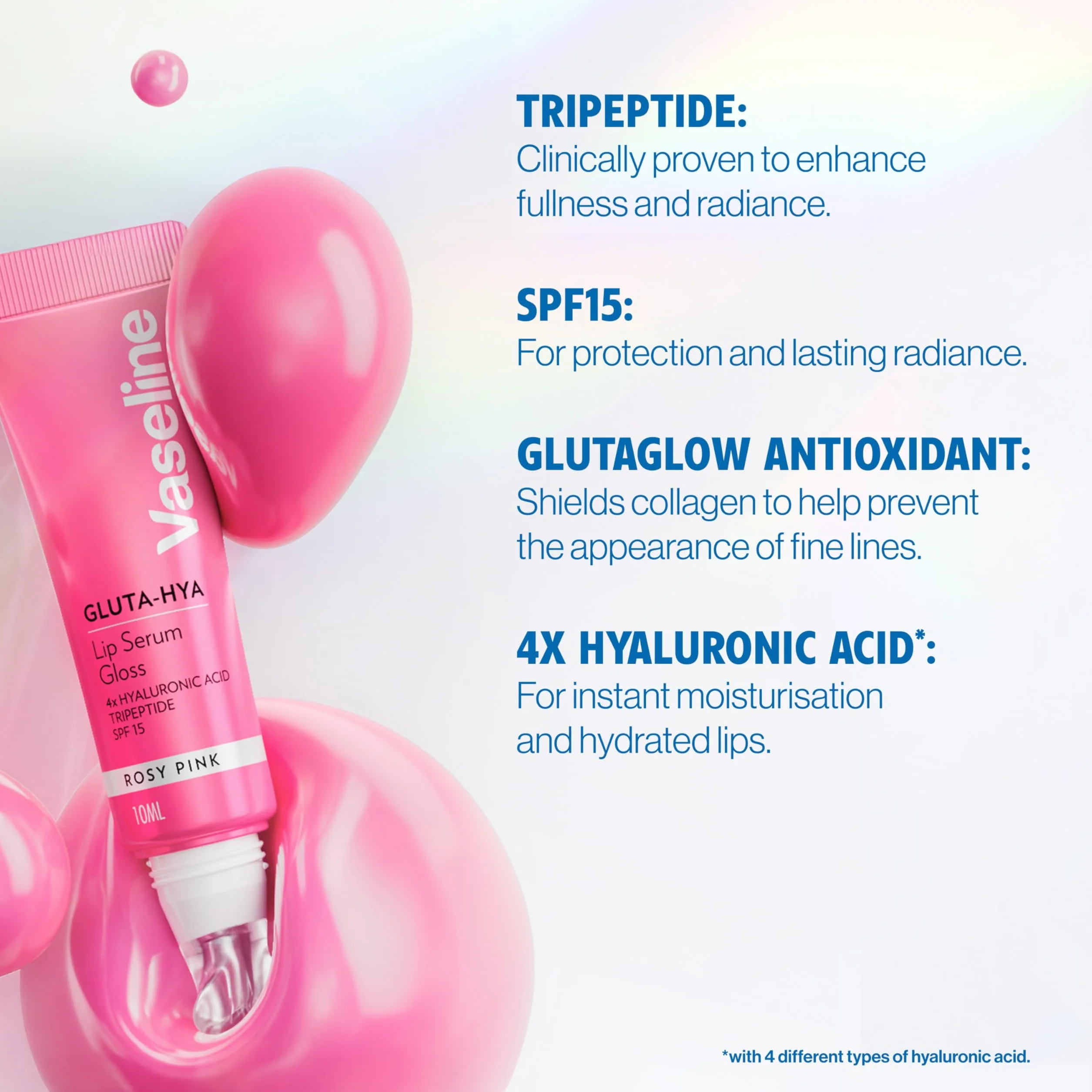 Vaseline Gluta-Hya Rosy Pink Lipgloss, siero per la cura delle labbra con acido ialuronico e tecnologia GlutaGlow, colorato, rimpolpante e protettivo con SPF 15, (Rosy Pink - 1 x 10ml)