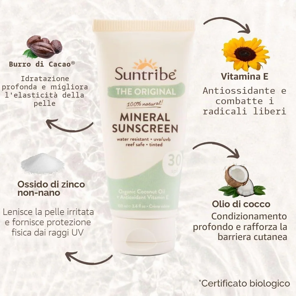 Crema Solare Naturale Minerale FPS 30 Suntribe - 100 ml, Tinta, Biologica - 100% Naturale & Sicura per i Coralli, Non-Nano Ossido di Zinco, Resistente all'Acqua - Vincitore Beauty Shortlist Awards
