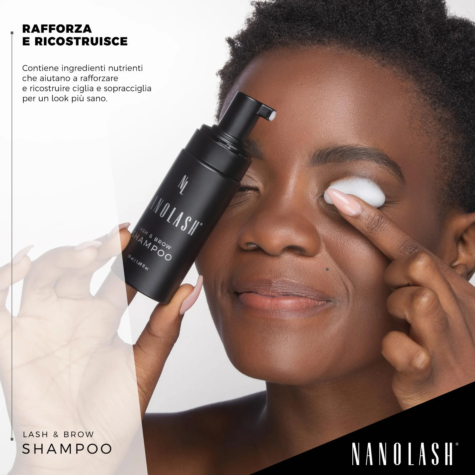 Shampoo per ciglia e sopracciglia Nanolash 50 ml - shampoo detergente per ciglia e sopracciglia, schiuma lavante ciglia e sopracciglia, shampoo extension ciglia