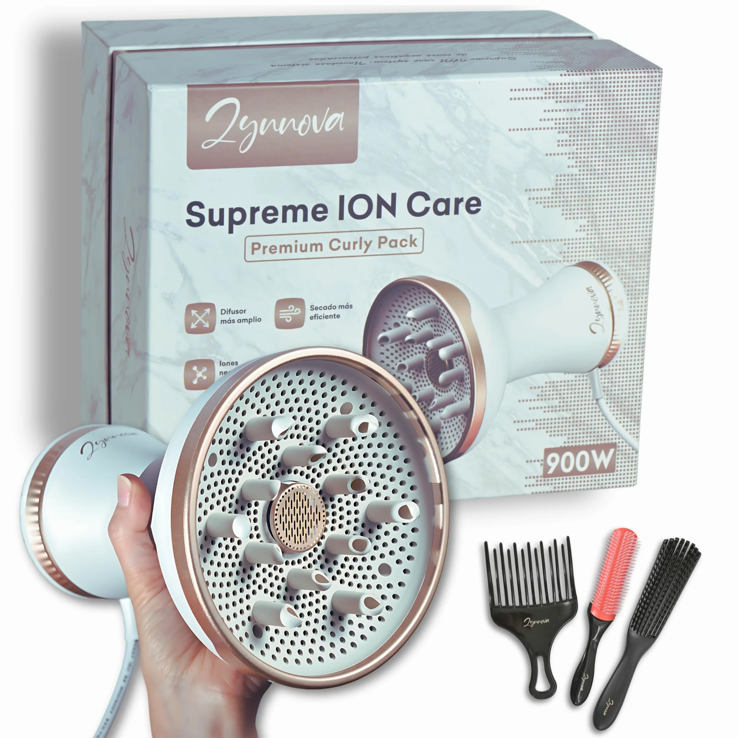 Diffusore Capelli Ricci, Asciugacapelli Professionale per Capelli Ricci 900W,PACK PREMIUM METODO CURLY + 3 Pettini/Borse da Viaggio,6 Modalità di Asciugatura,12 Dita Apertura Omnidirezionale