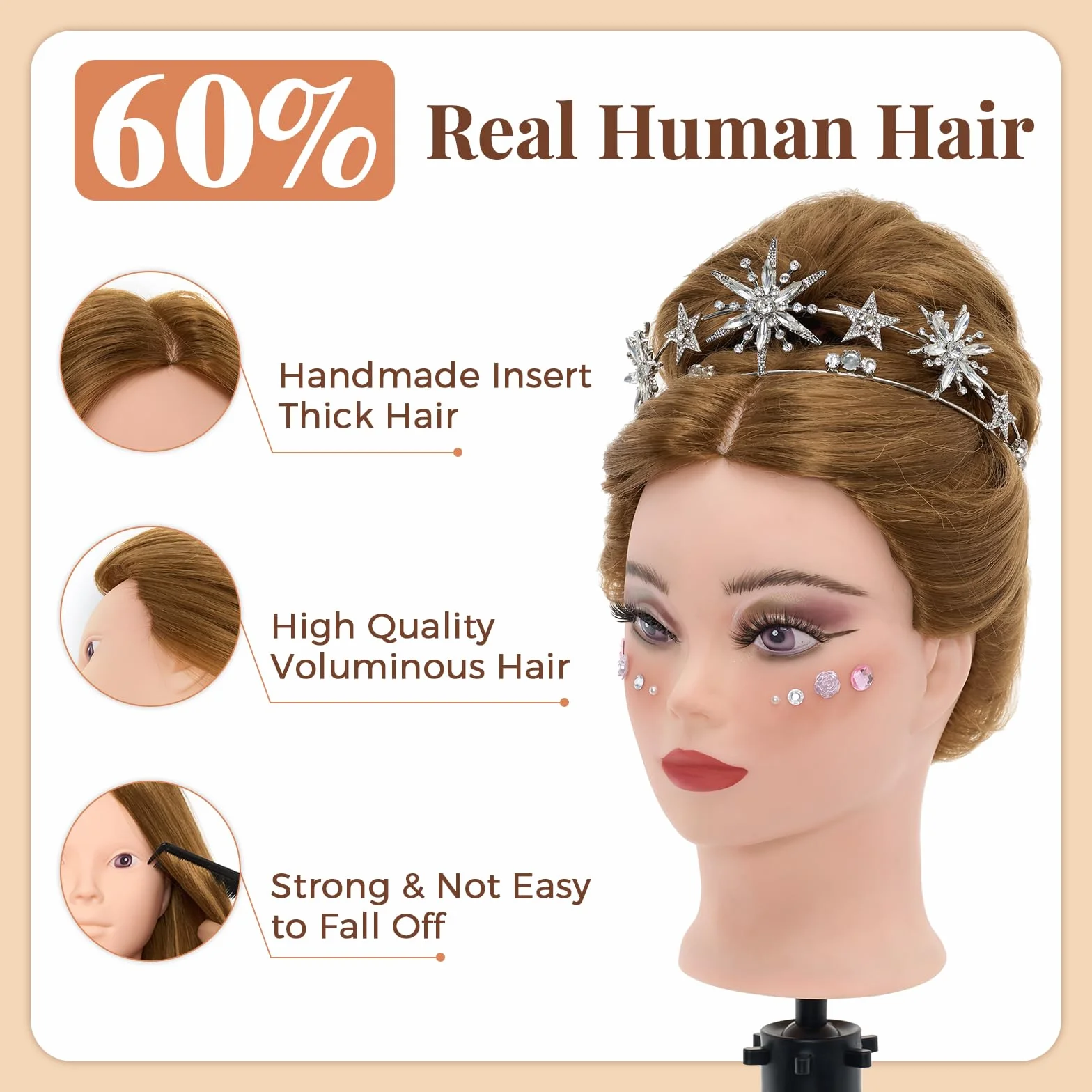 Neverland Testa per Parrucchieri, 28" 60% Capelli Veri Testa Bambola da Truccare e Pettinare Testa Manichino con Supporto Morsetto da Tavolo, Ciglia, Fai da te Capelli Styling Treccia Set