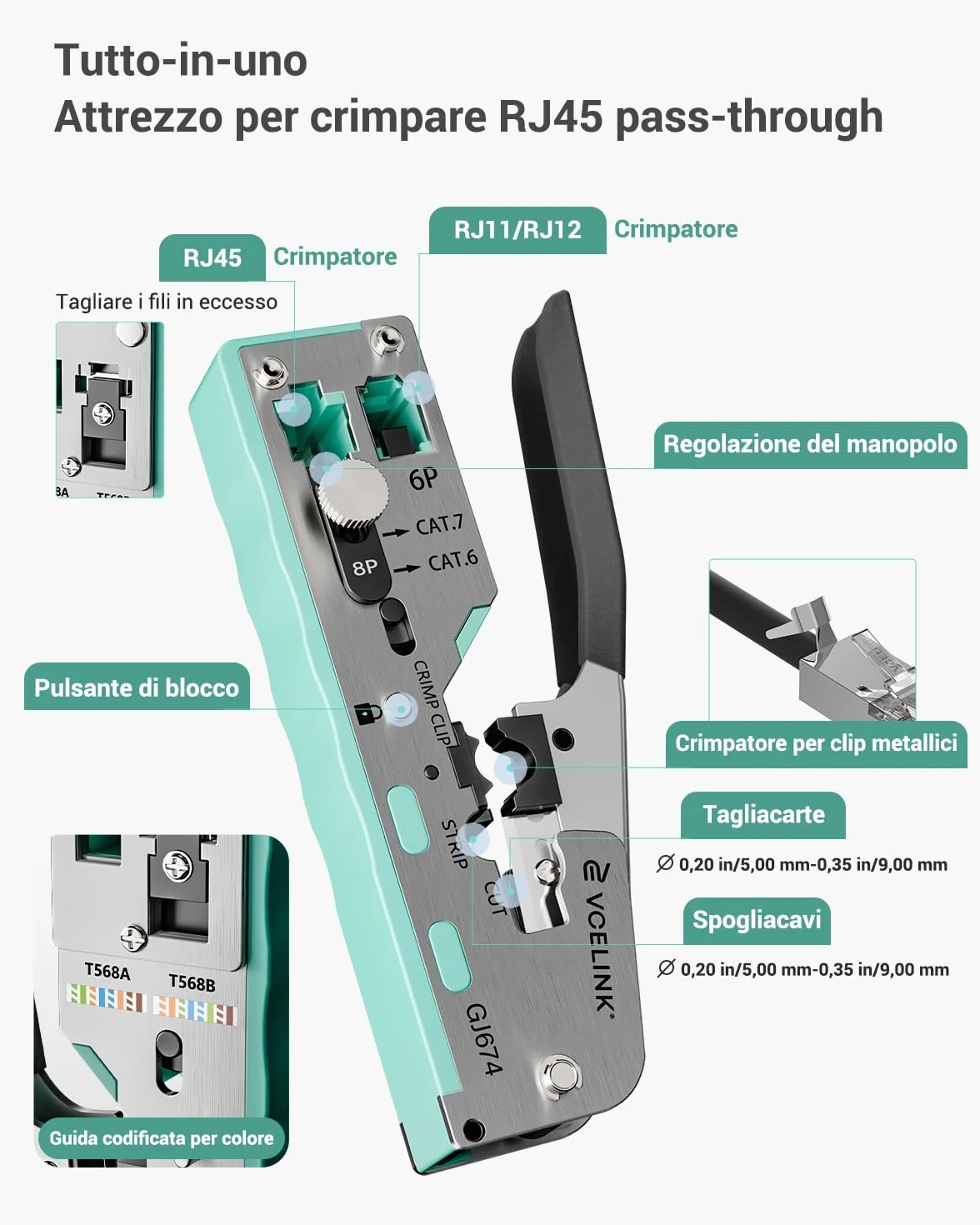 VCELINK Set di Pinze Crimpare RJ45, Kit Crimpatrice Ethernet per Cavo CAT7/CAT6A/CAT6/CAT5E, 20PCS Connettori RJ45 Passante, Tester Lan, Borsa