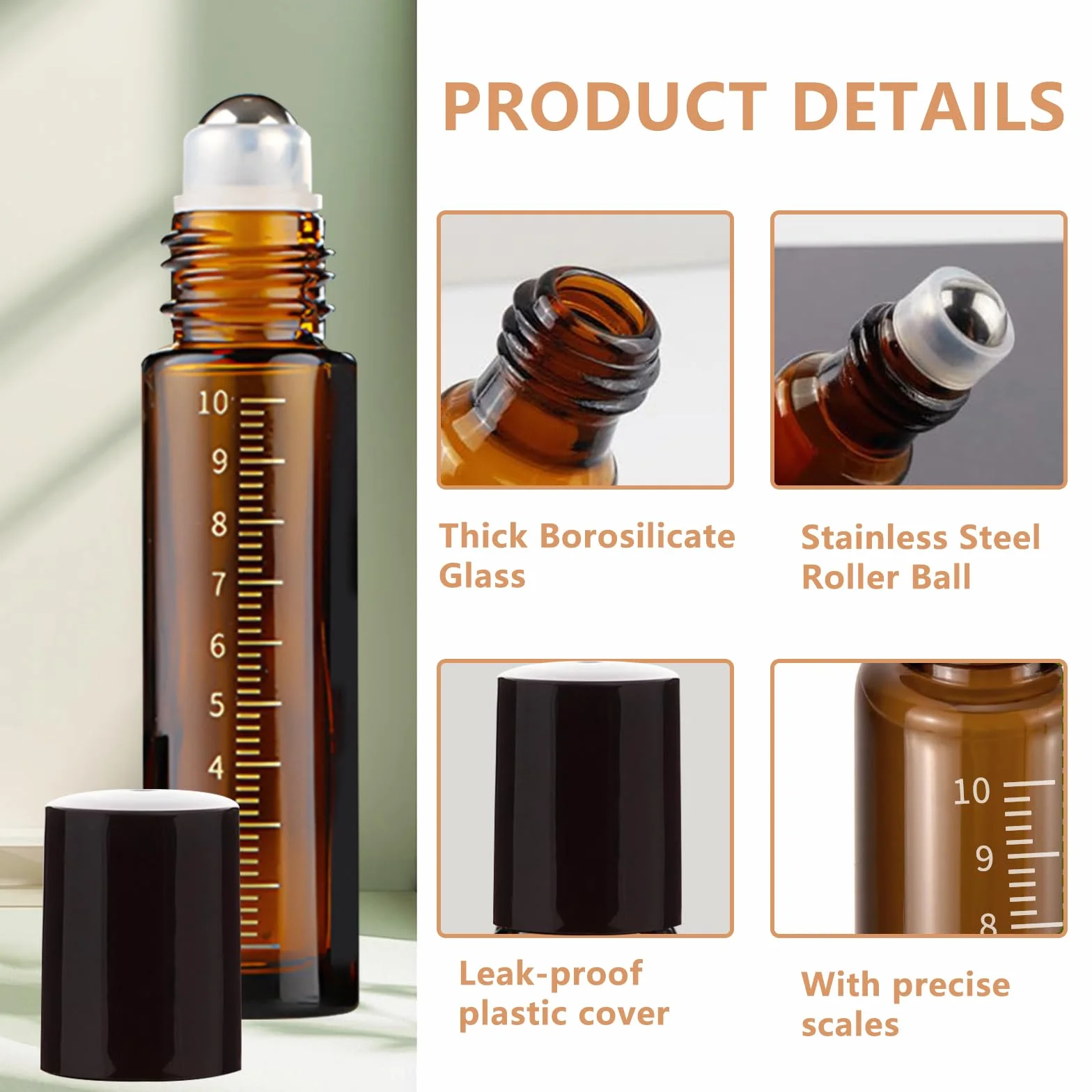 THINTON Roll on - Bottiglia vuota da 10 ml, 8 bottiglie di vetro Roll on per olio essenziale, ricaricabili, per oli, profumi, cosmetici, massaggi