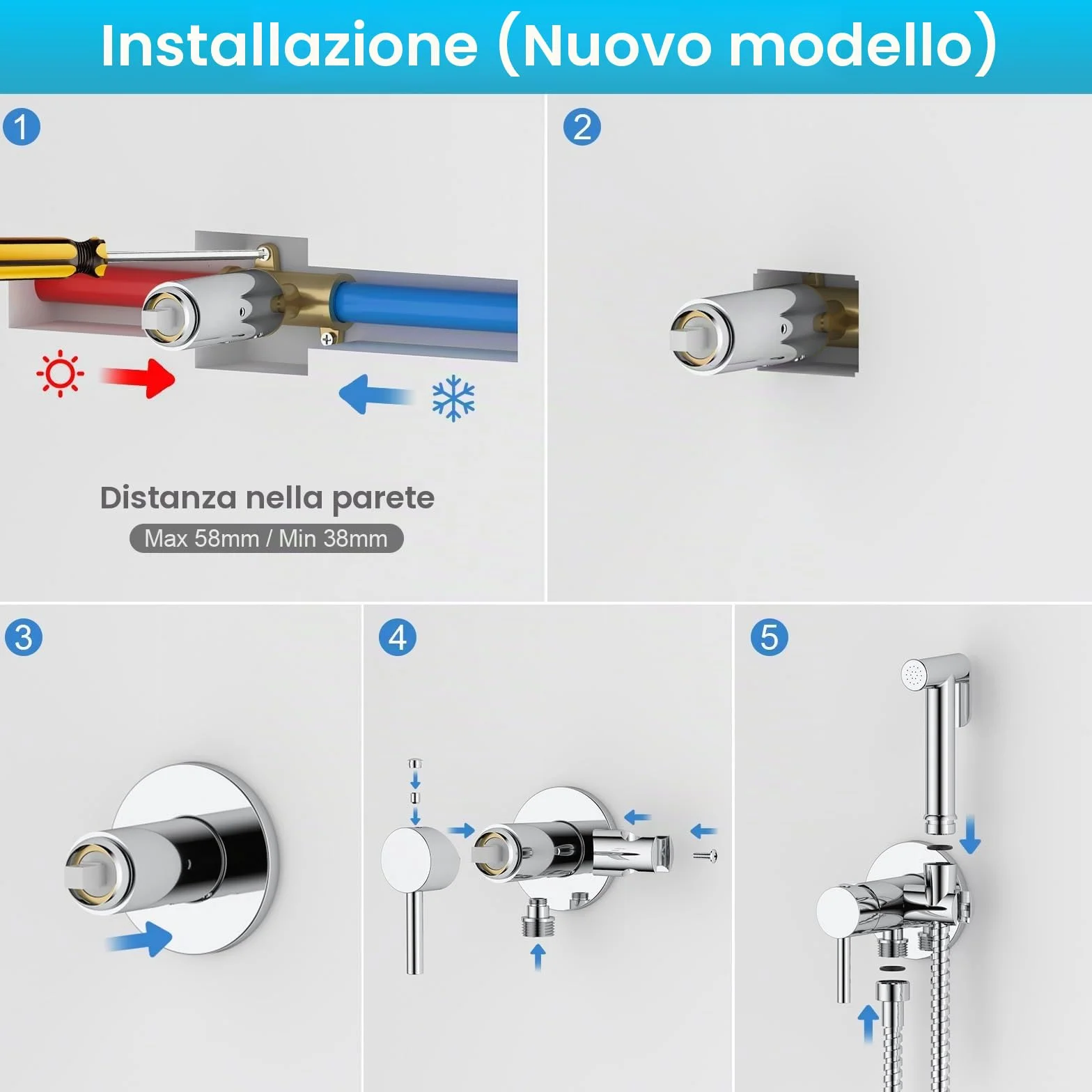 GRIFEMA Miscelatore Bidet Portatile Doccia, Rubinetti con Supporto, Acqua Calda e Fredda, Cromo Argento, G154-1