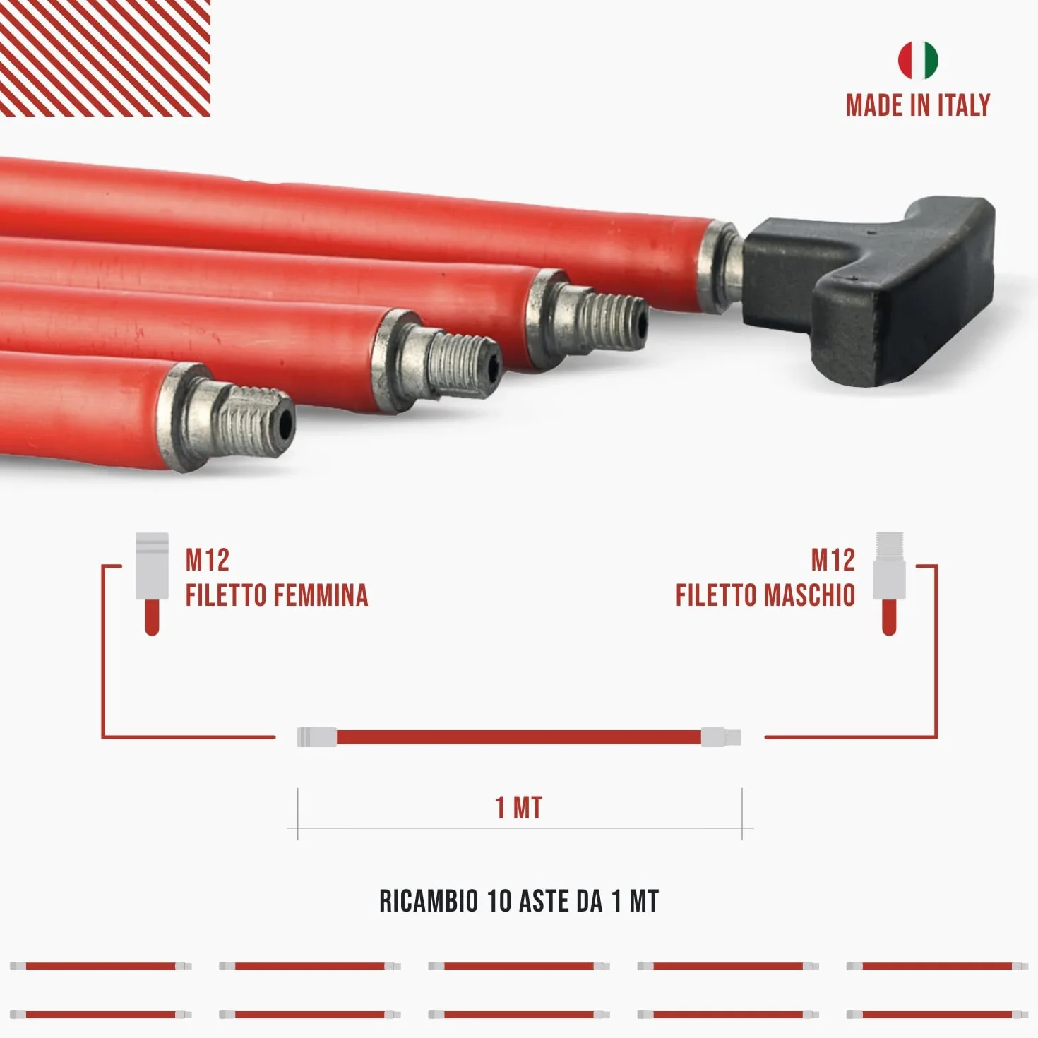 BARETTO Ricambio Aste Kit Pulizia Canna Fumaria 10 Prolunghe Lineari 1m Curvatura 45° Attacco M12 Manico