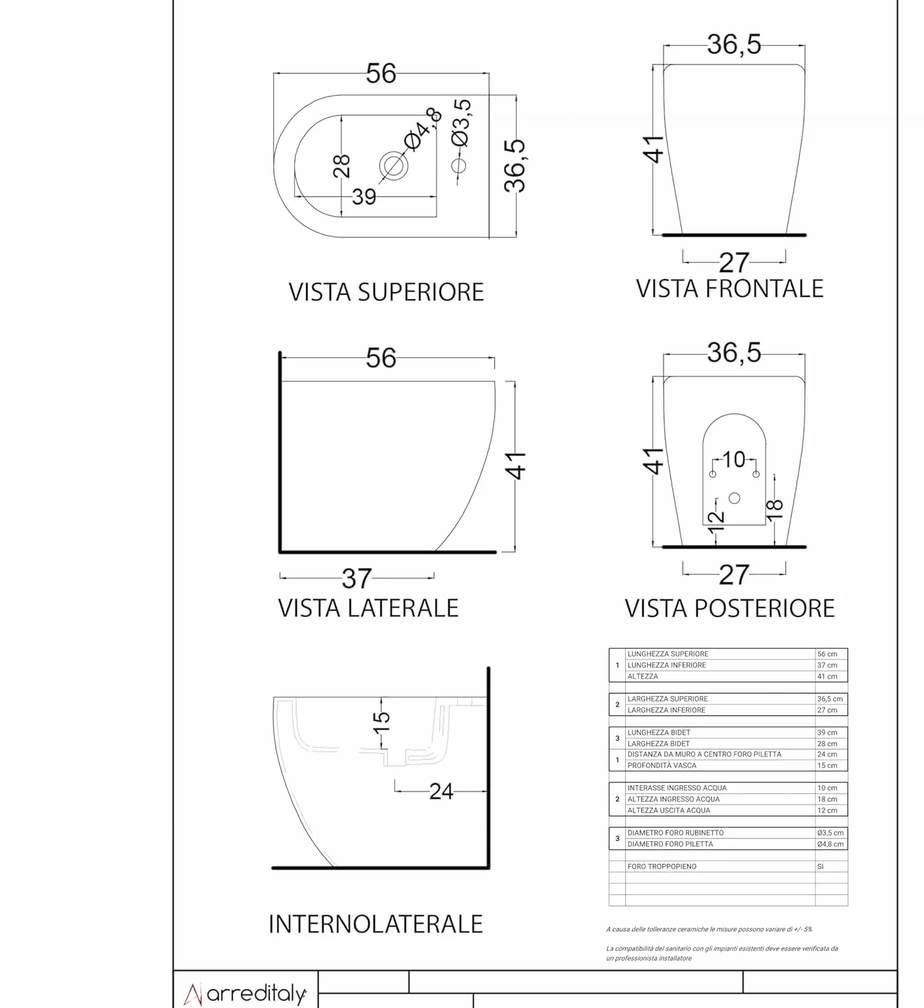 Coppia Sanitari Filomuro Vaso WC Bidet Design Moderno Ceramica Soft Close Bianco Lucido