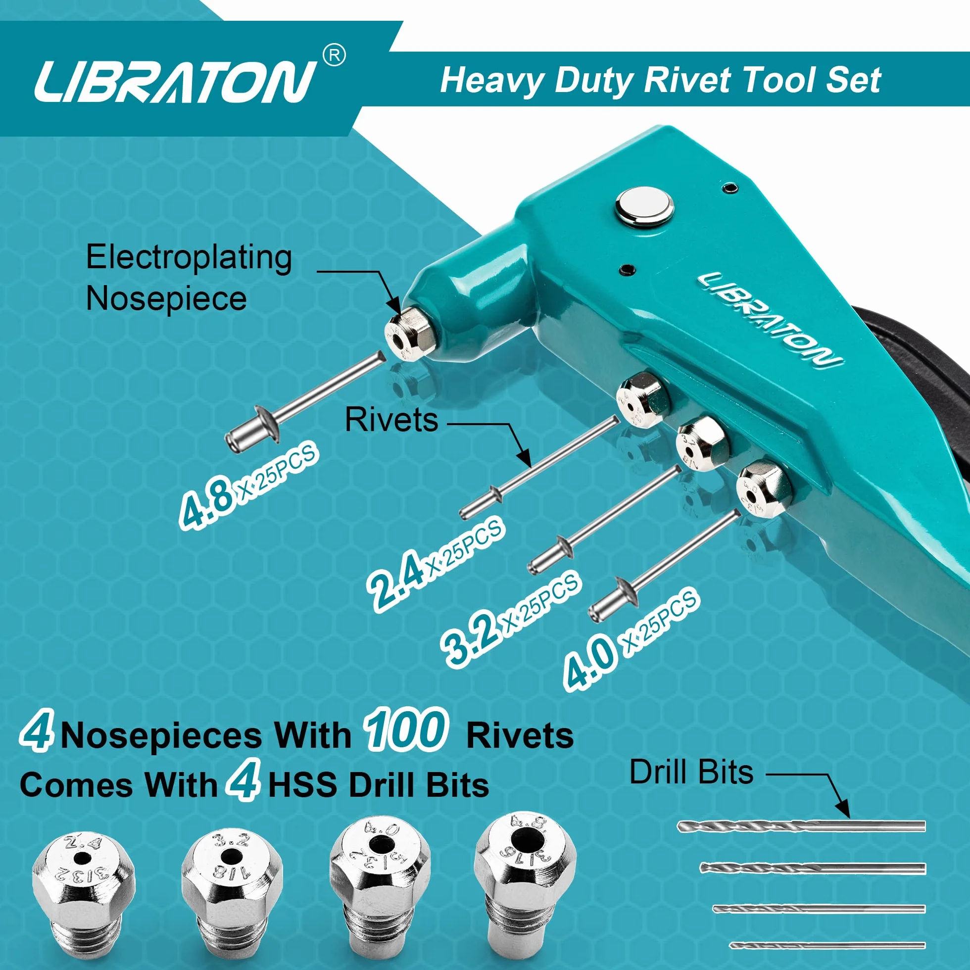 Libraton Rivettatrice Manuale 4 in 1 Pistola per Rivetti con 100 Rivetti Alluminio e 4 Punte HSS