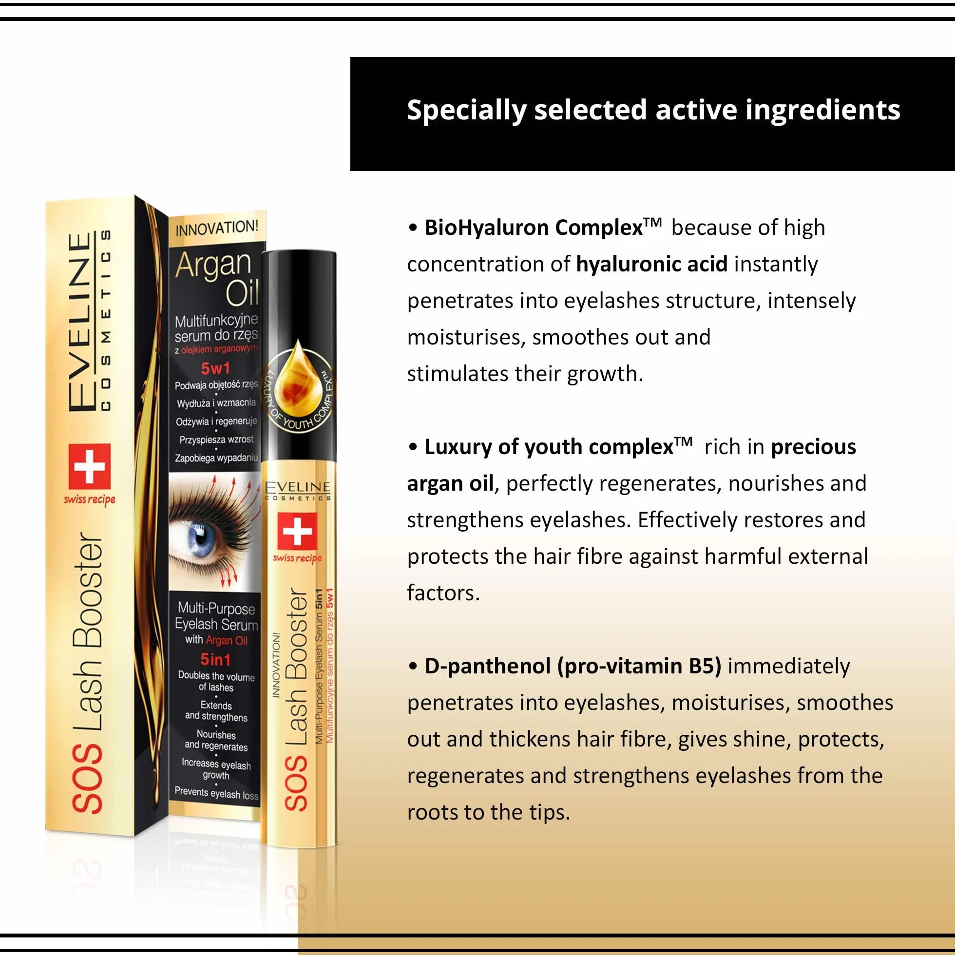 Eveline Cosmetics SOS Lash Booster Siero multifunzionale per ciglia con olio di argan 5in1, 10 ml