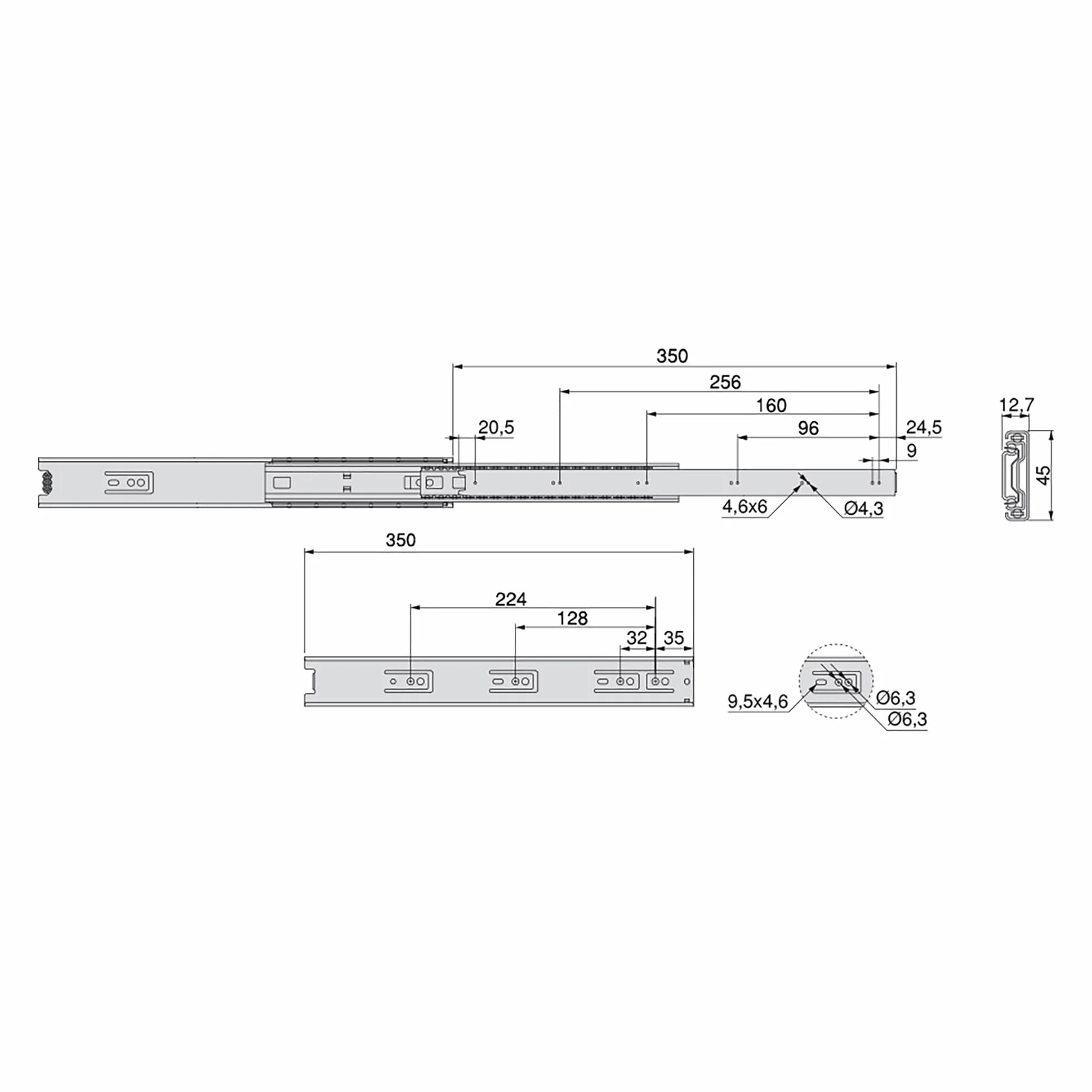 Emuca Guide/Binari con Cuscinetti a Sfere ad Estrazione Totale per Cassetto, 45 x 350 mm, Zincato