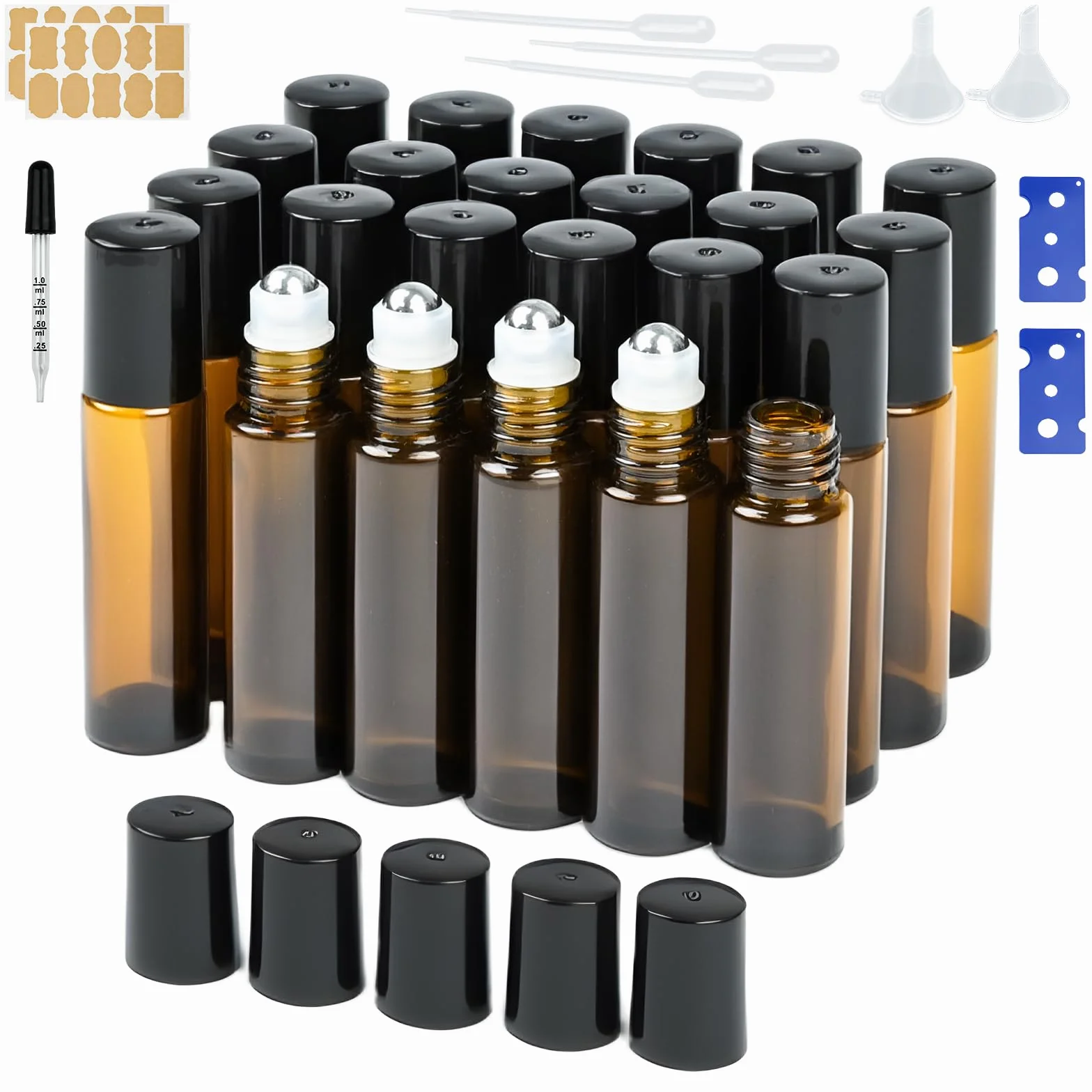 24 Pezzi Roll On Vuoto per Oli Essenziali, 10ml Marrone Bottiglia Boccette Vuote Contenitore Flaconcini Vuoti con Sfera in Acciaio Inossidabile per Profumi Aromaterapia Massaggio