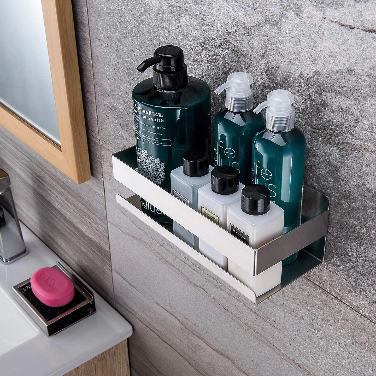 EXLECO Mensola Doccia Senza Foratura 30 CM Acciaio Inox Cromo Spazzolato con 2 Ganci Mobili Porta Shampoo