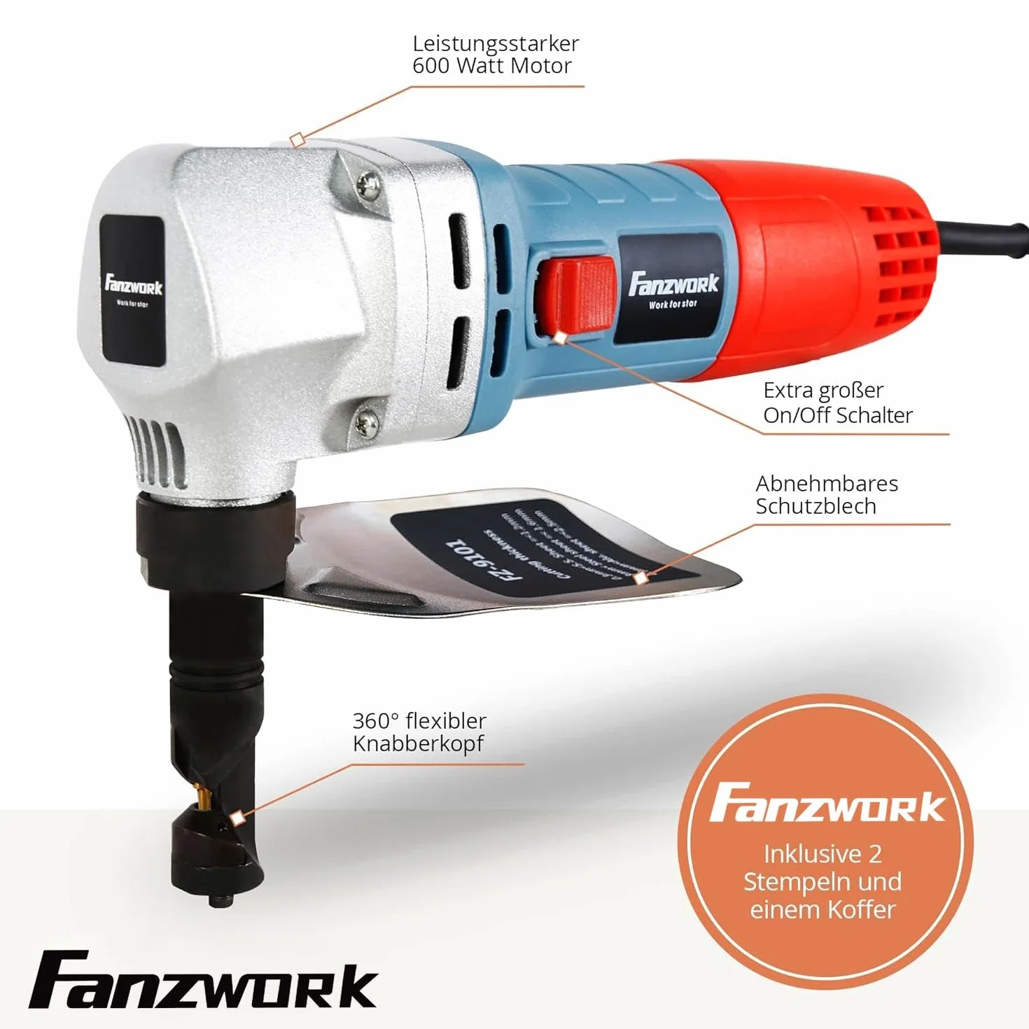 FANZWORK Roditore di Lamiere 600W con Valigetta e 2 Punzoni