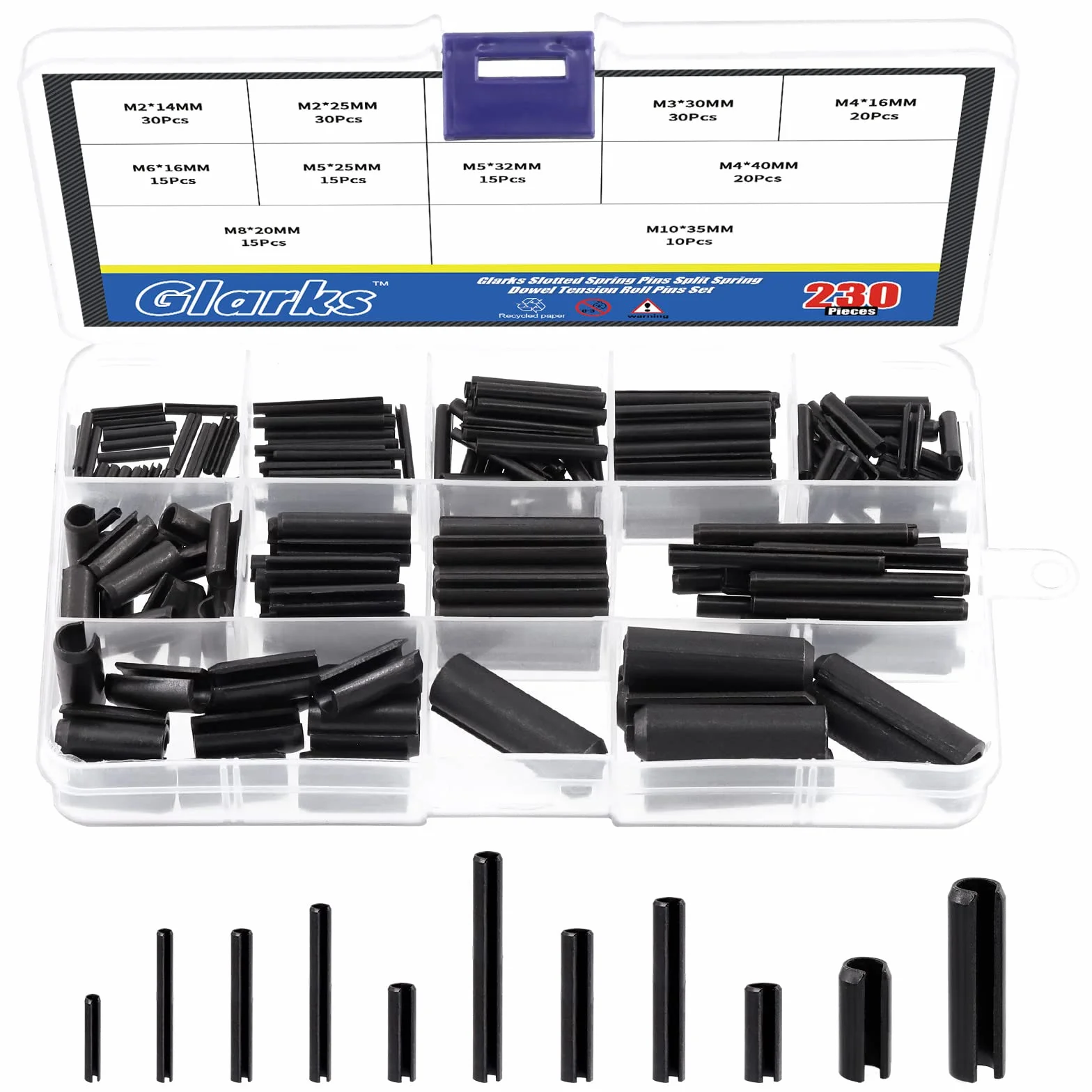 Glarks Set 230 perni a molla scanalati 11 misure M2 M3 M4 M5 M6 M8 M10 kit assortito