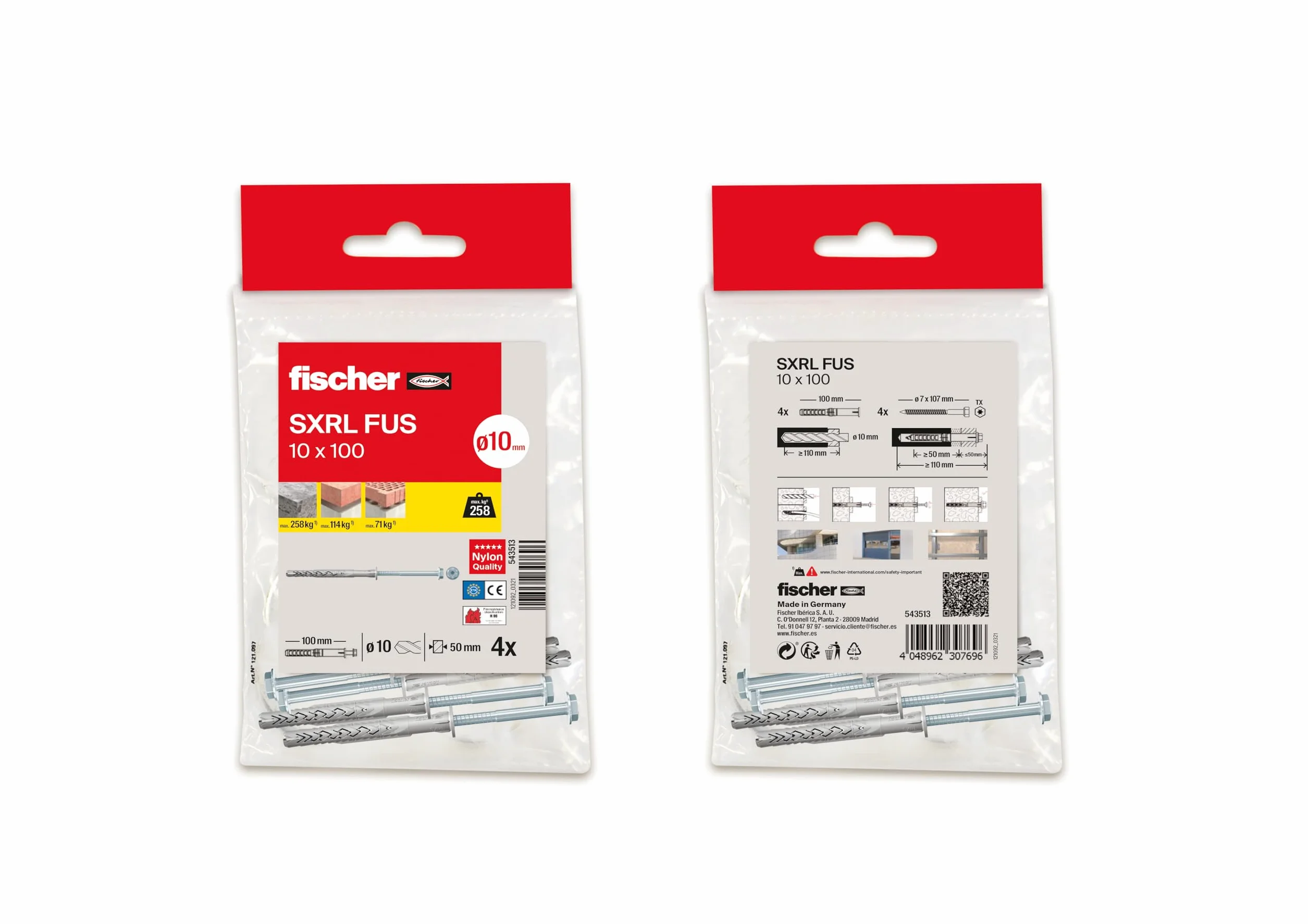 Fischer SXRL 10X100 Tasselli con viti lunghe per muro cemento e mattoni, borsa 4 pezzi