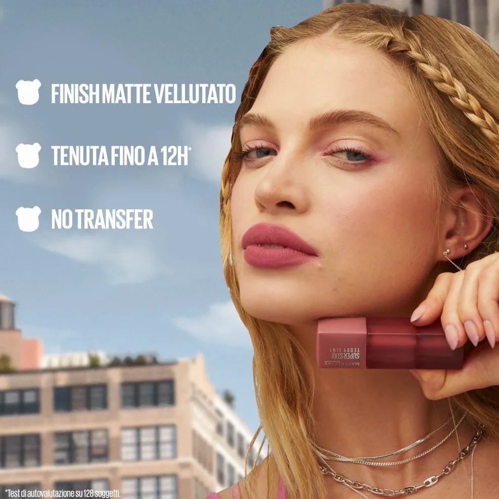 Maybelline New York Teddy Tint, Tinta Labbra A Lunga Tenuta, Effetto Matte Vellutato, Tenuta 12H, Formula Stratificabile, Superstay, Tonalità: Kneehigh 55, 5 ml